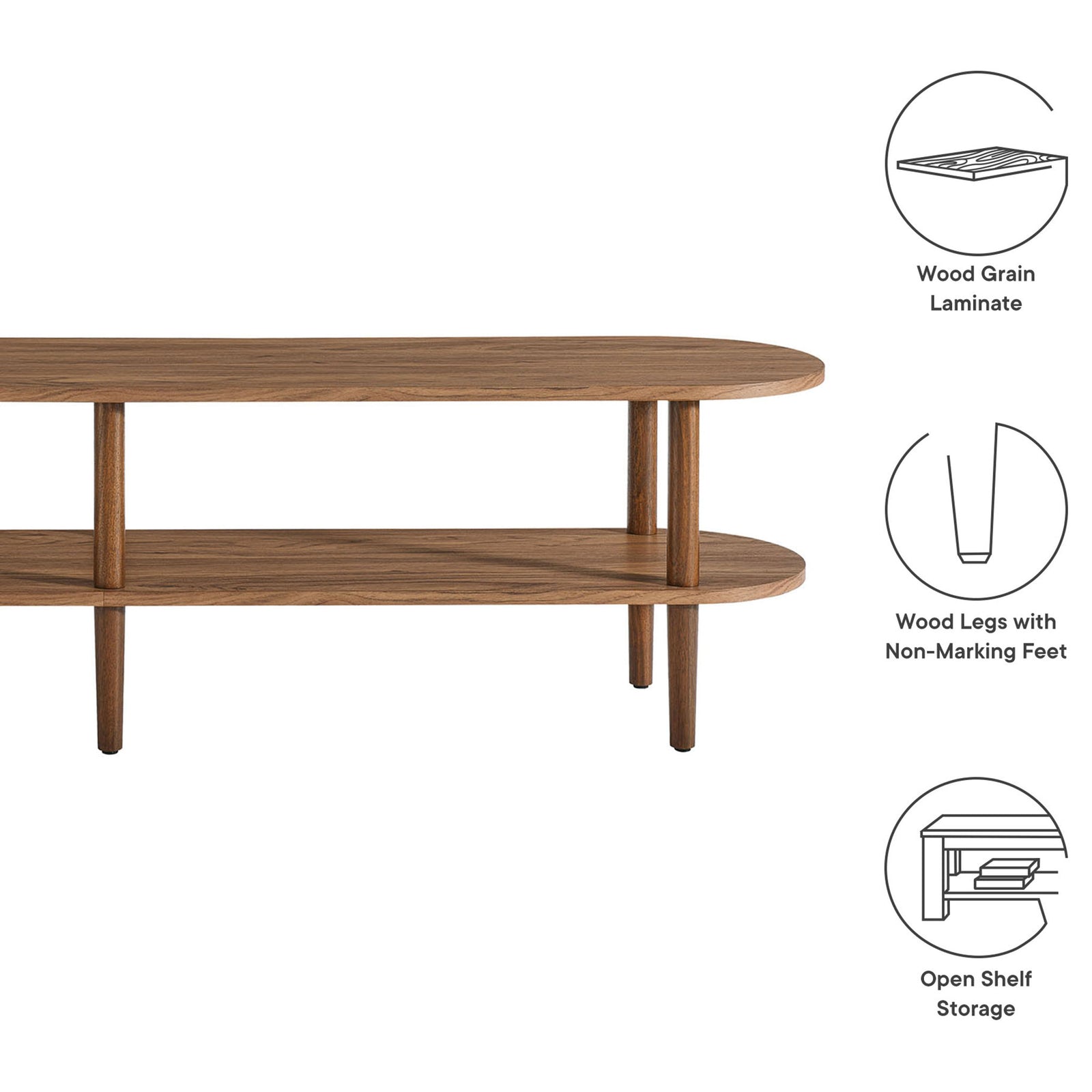 Feature callouts show the walnut Torus TV stand wood grain laminate, sturdy legs, and open shelves || EEI-7158-WAL || callout_studio