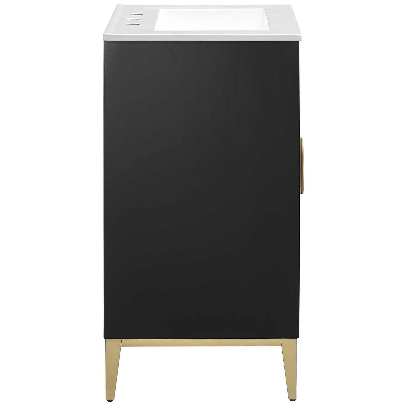 Sleek black profile with tapered brass-tone legs and an integrated white ceramic sink || EEI-7159-WHI-BLK || side_studio