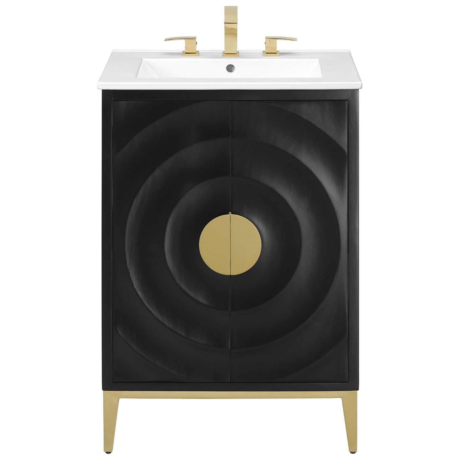 Statement vanity with bold concentric doors, crisp white basin, and gleaming brass-tone hardware || EEI-7159-WHI-BLK || front_studio