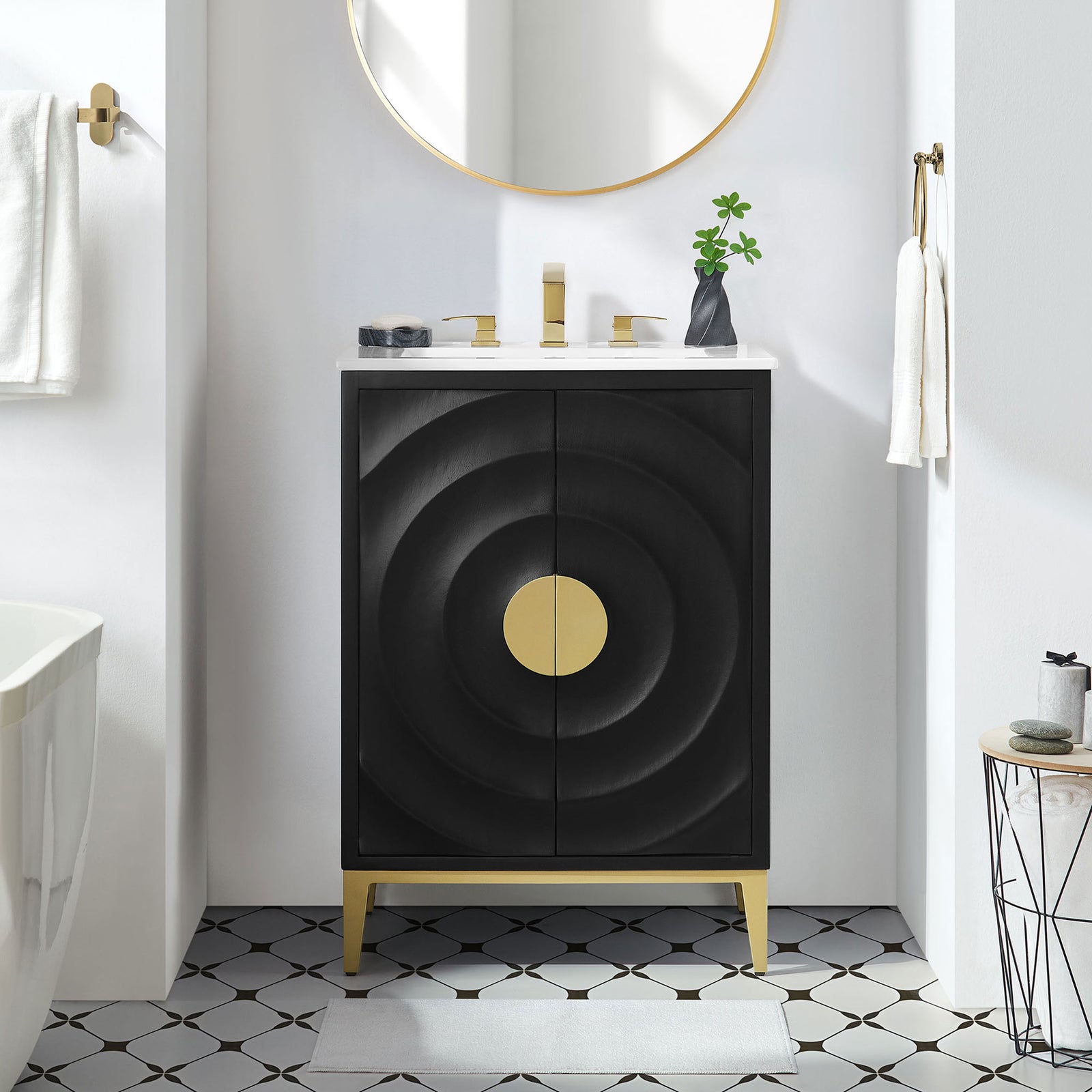 Modern bathroom vignette featuring a sculpted black vanity with brass-tone accents and a white sink || EEI-7159-WHI-BLK || front_room