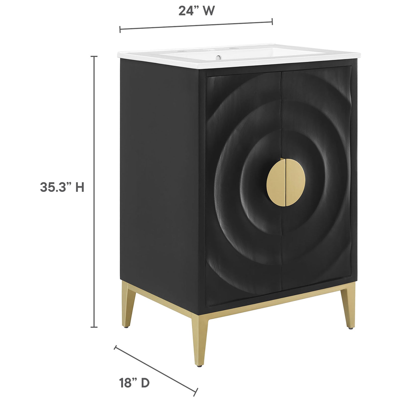 Dimensions for vanity width, height, and depth shown with clear scale graphics || EEI-7159-WHI-BLK || dimension_studio