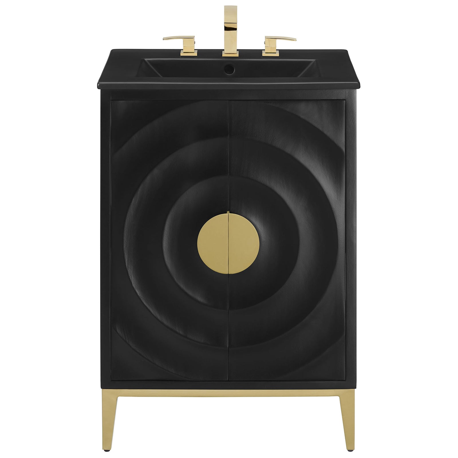 Textured concentric door fronts center on a brass-tone pull with matching tapered metal legs. || EEI-7160-BLK-BLK || front_studio