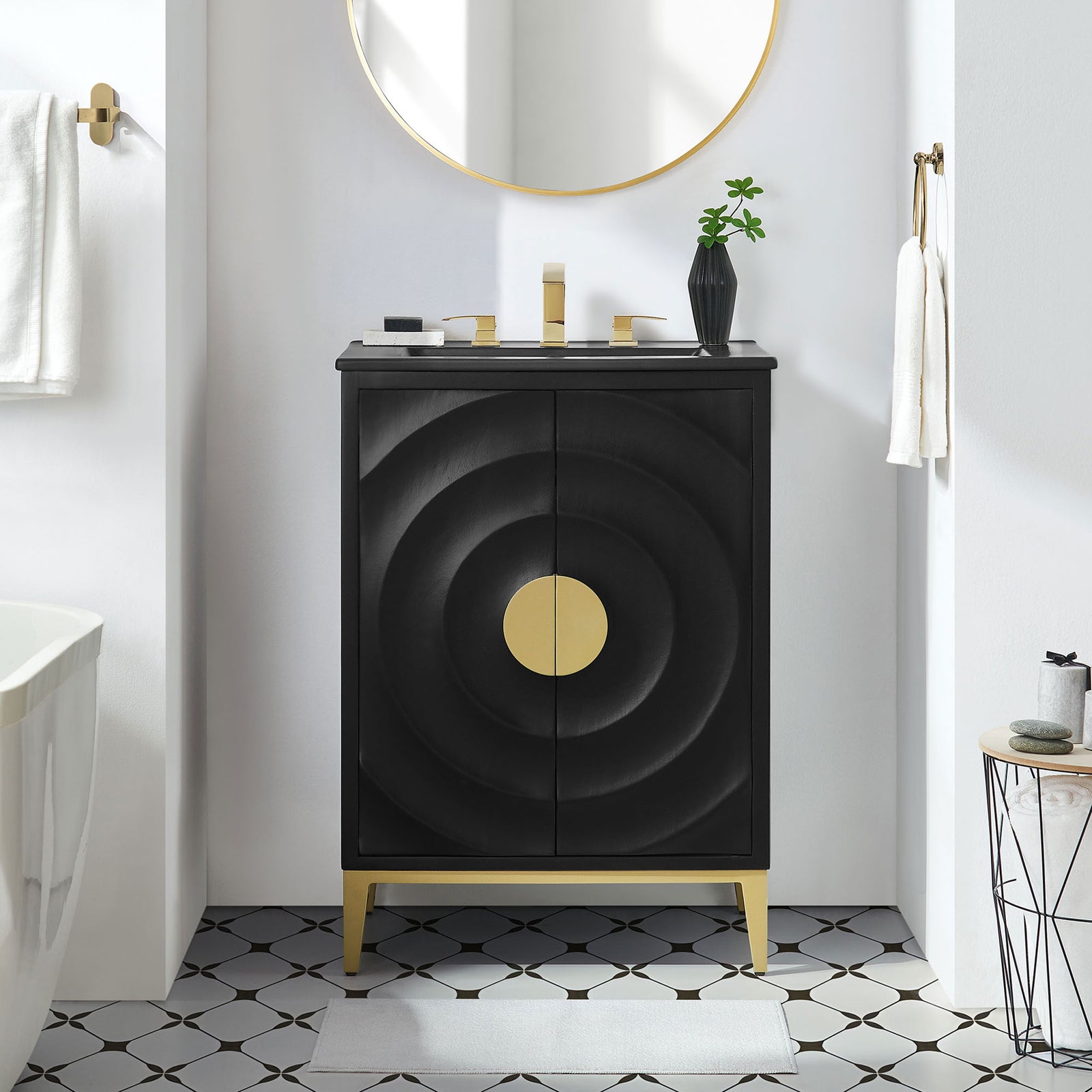 Bold black wood and sculpted doors with warm brass-tone accents create a luxe focal point. || EEI-7160-BLK-BLK || front_room