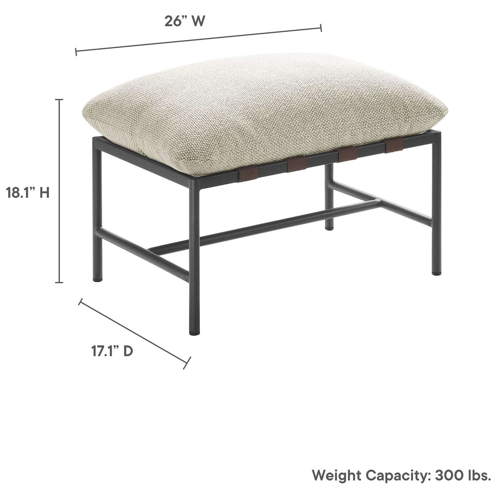 Dimensions and 300 lb weight capacity of the ivory outdoor boucle ottoman to guide patio layout || EEI-7161-IVO || dimension_studio