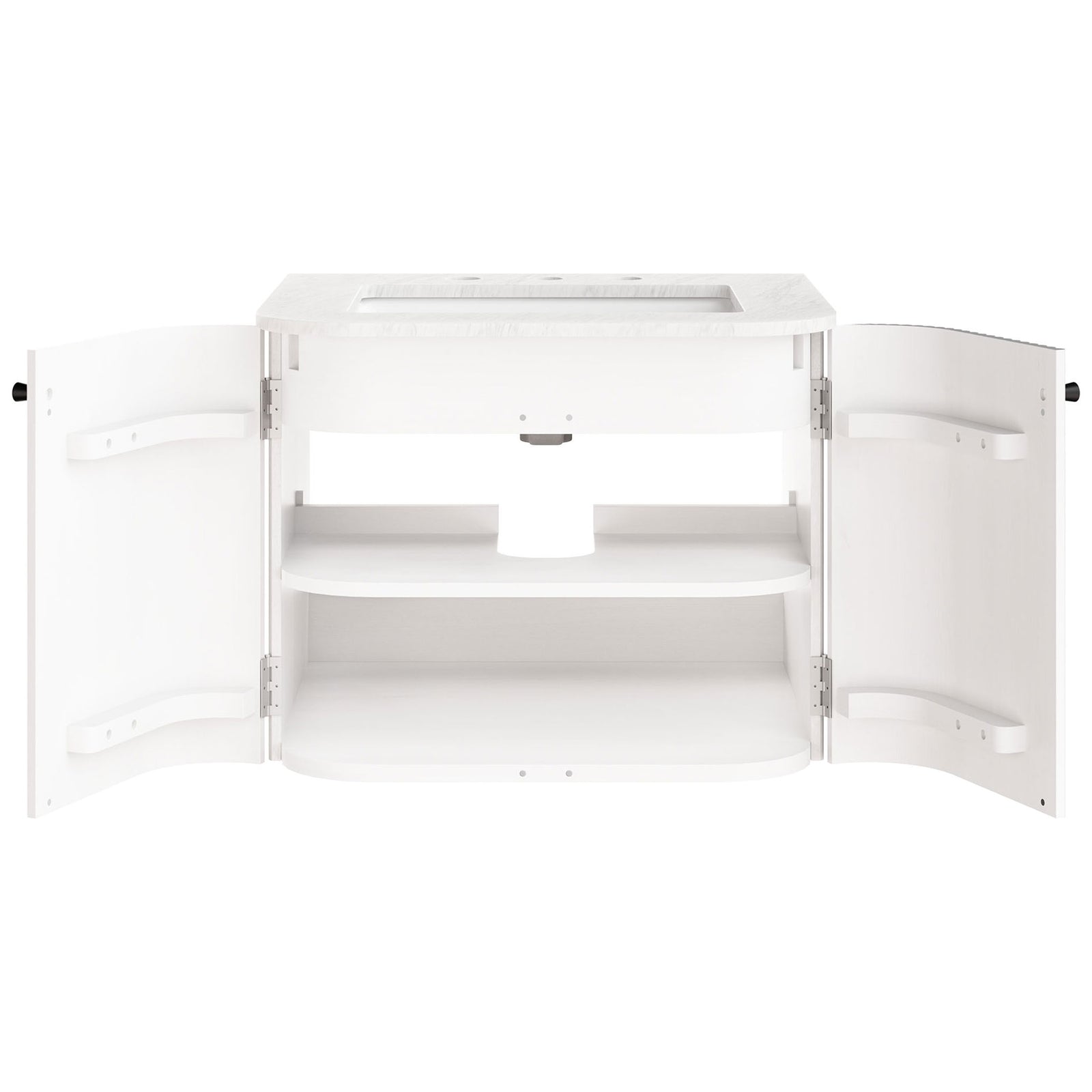 Spacious interior with adjustable shelf and plumbing cutouts behind soft-close doors || EEI-7162-IVO || front_open_studio