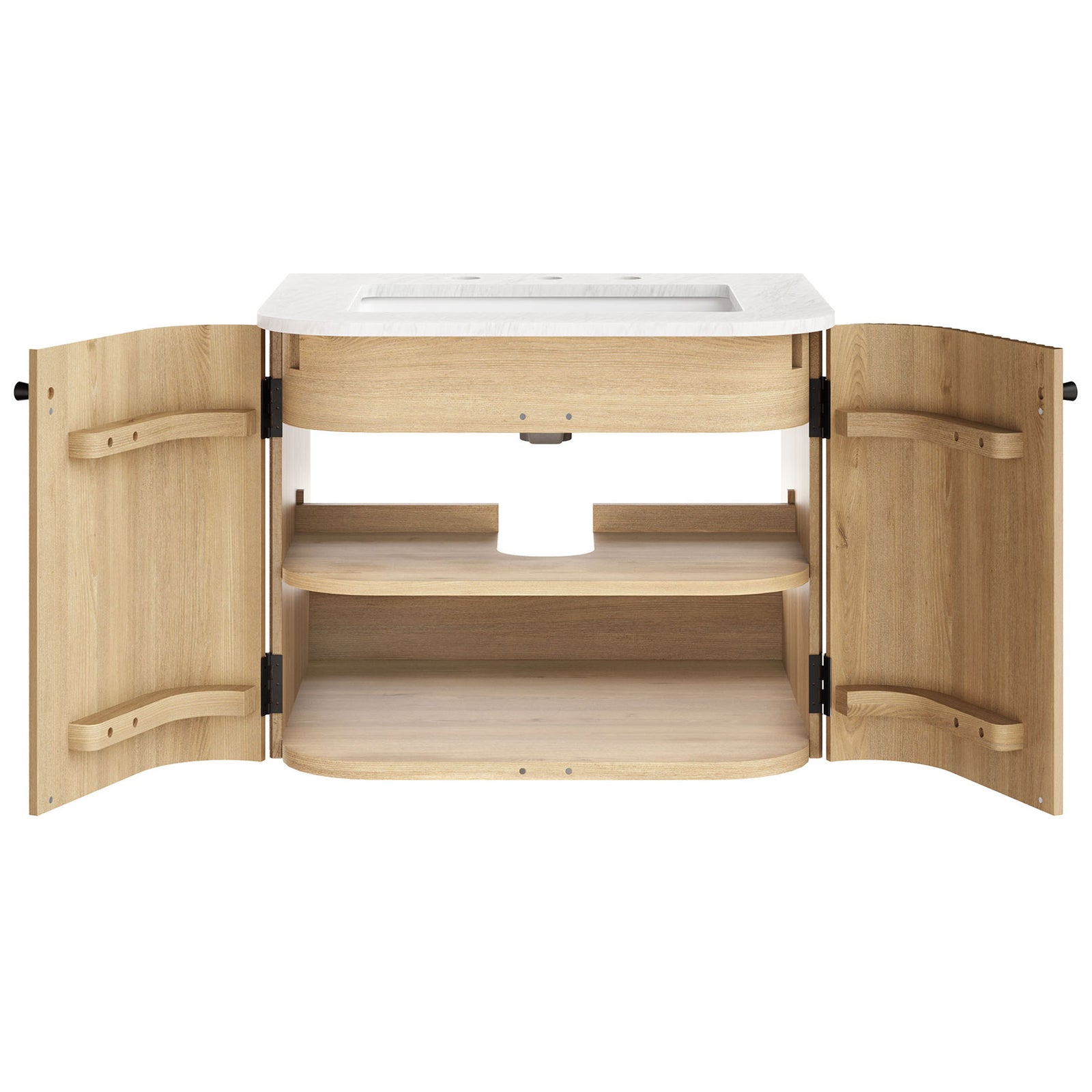 Dual doors open to tiered shelves for towels and bath essentials || EEI-7162-NAT || front_open_studio