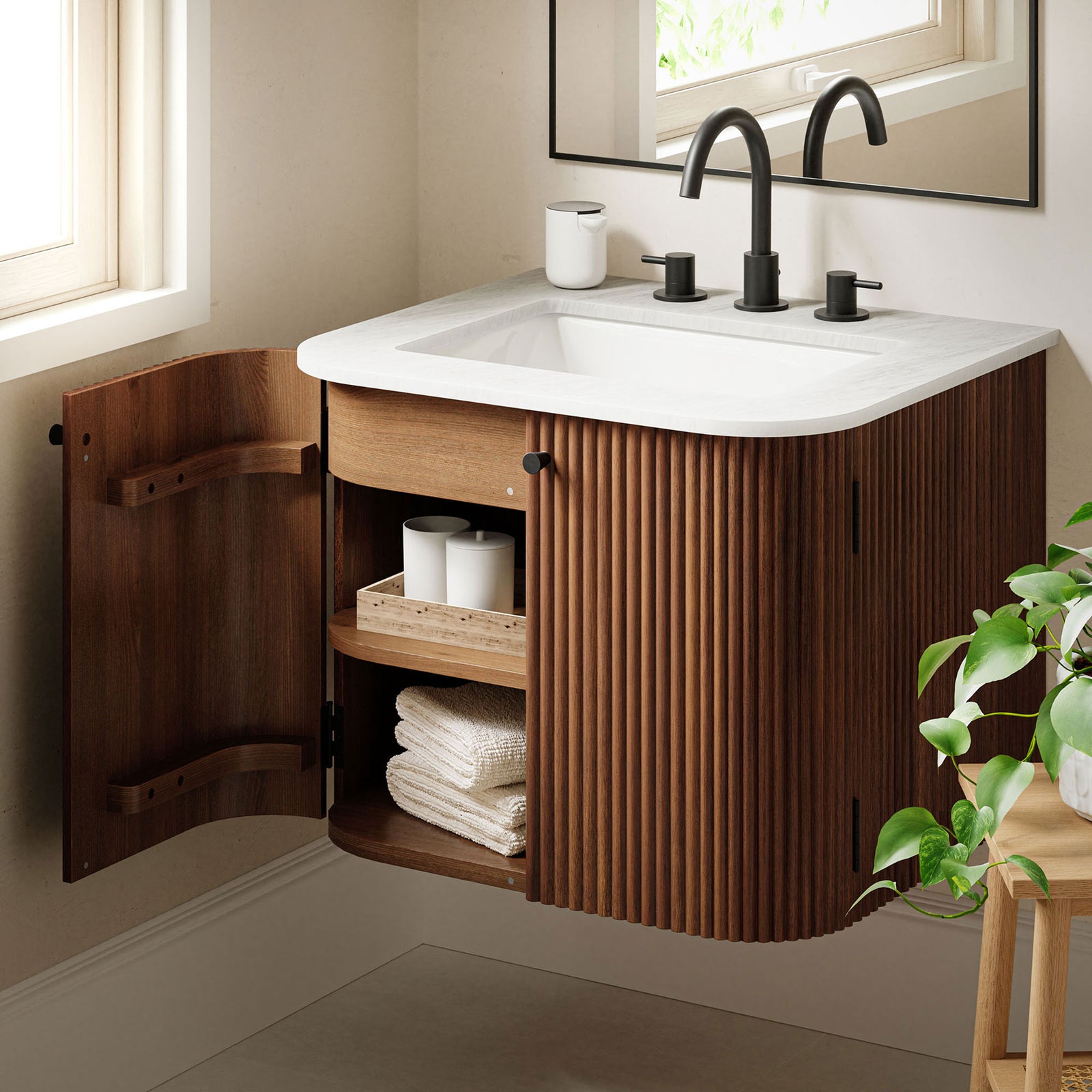 Open doors reveal neatly organized shelves, keeping everyday bath essentials within easy reach. || EEI-7162-WAL || front_angle_open_room