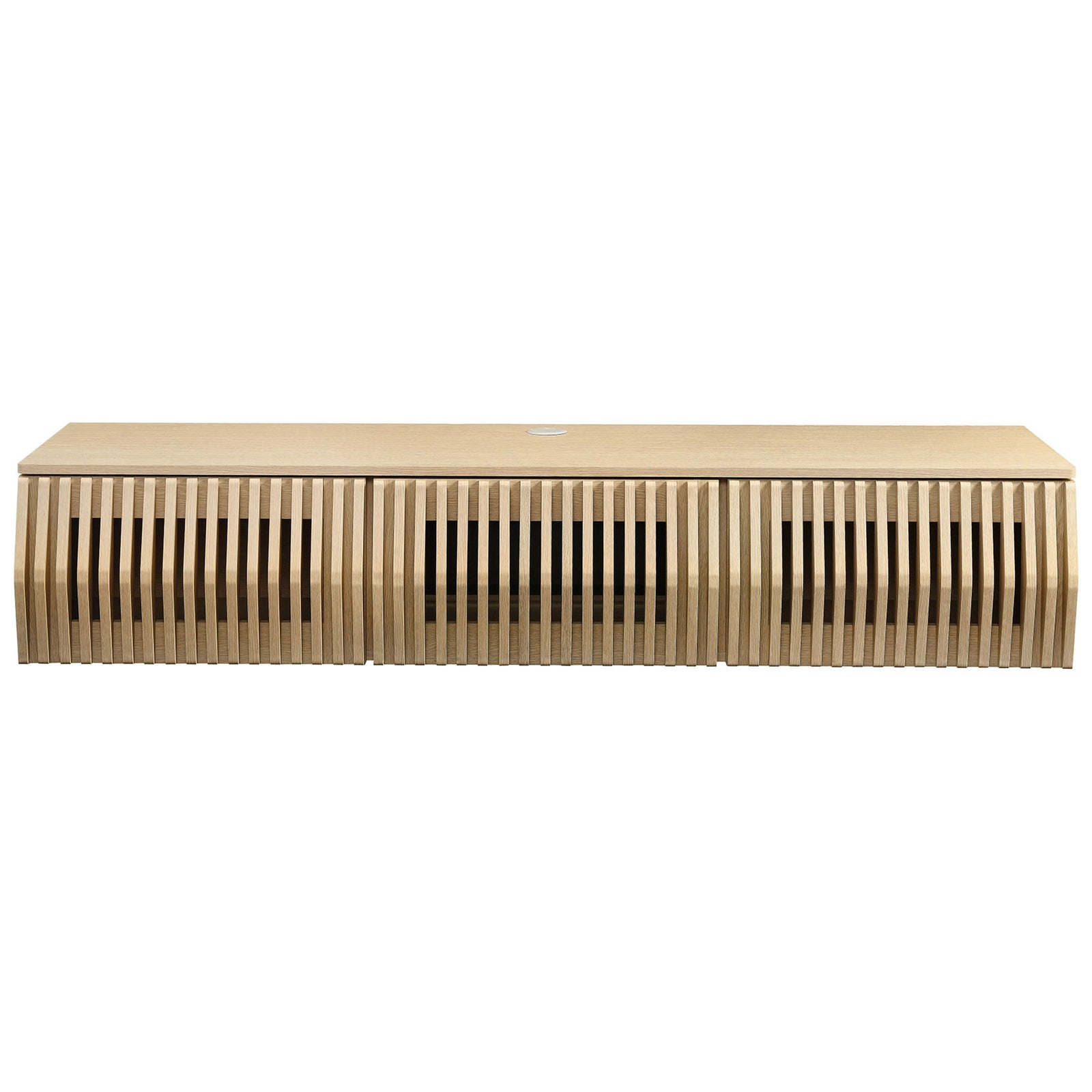 Ash wall mounted TV stand with vertical slatted doors and sleek floating profile || EEI-7164-ASH || front_studio