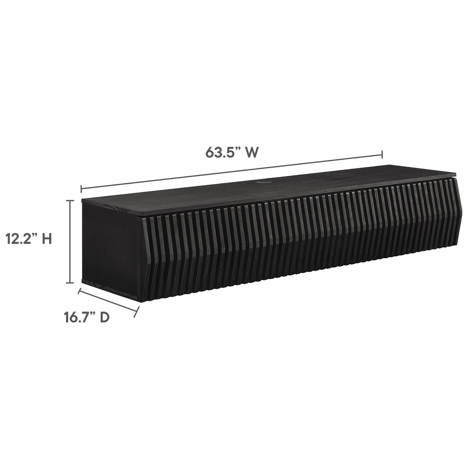 Dimension diagram of black wall mount TV stand labeled with its width, height, and depth || EEI-7164-BLK || dimension_studio