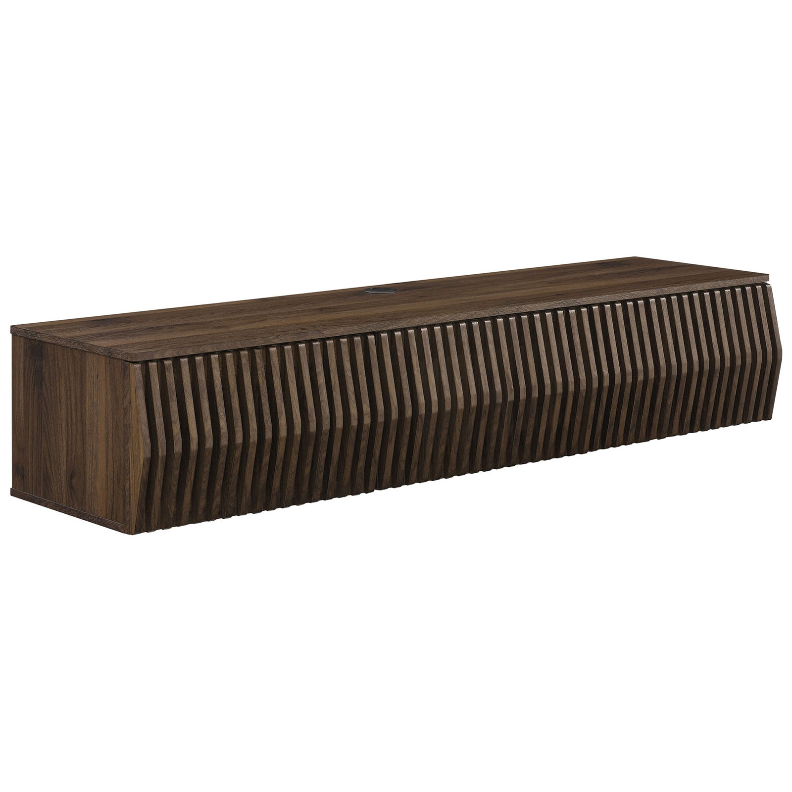Walnut wall mount TV stand showcasing sculpted timber strip facade and concealed storage || EEI-7164-WAL || front_angle_studio