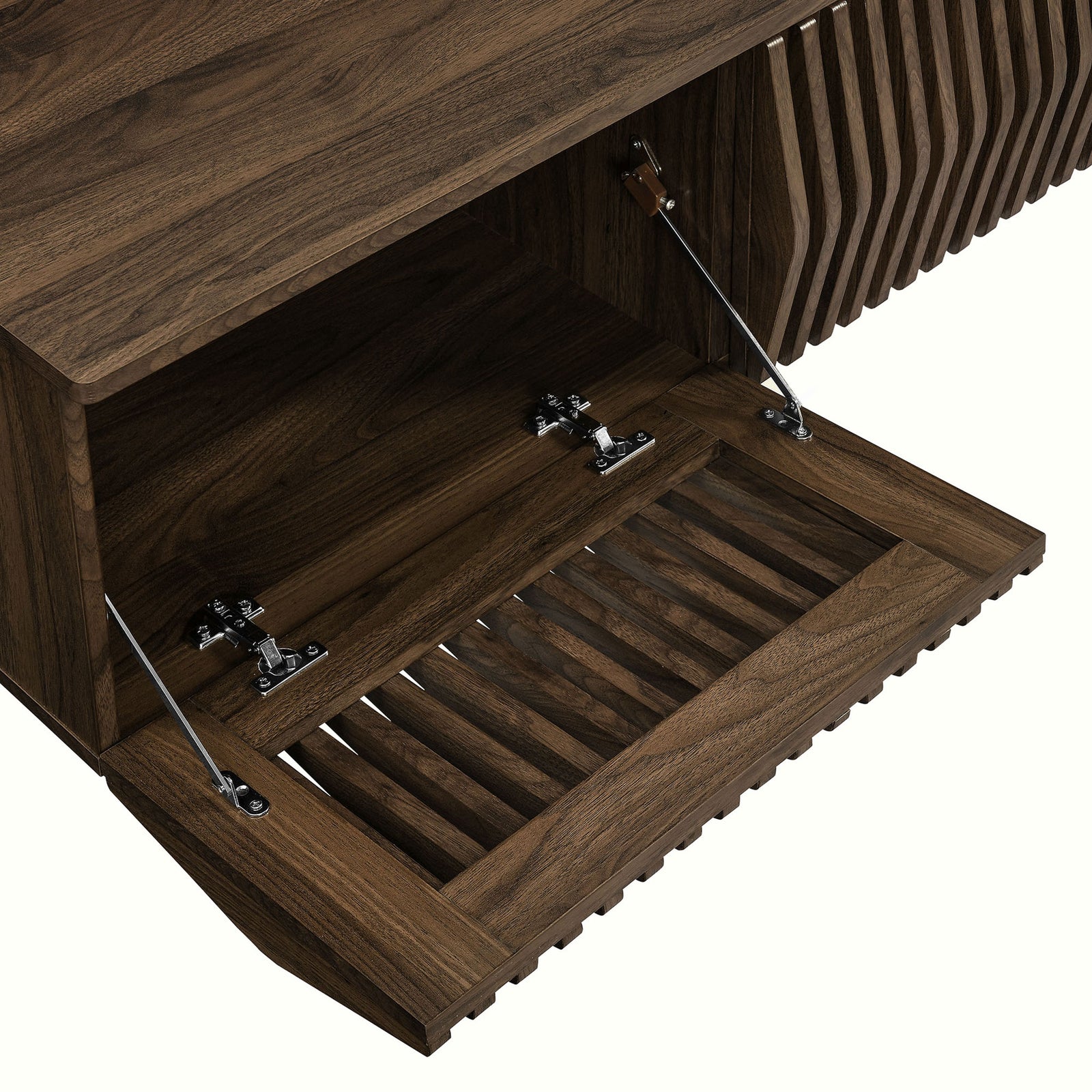 Walnut TV stand compartment with drop-down door open, revealing roomy media storage || EEI-7164-WAL || storage_open_studio