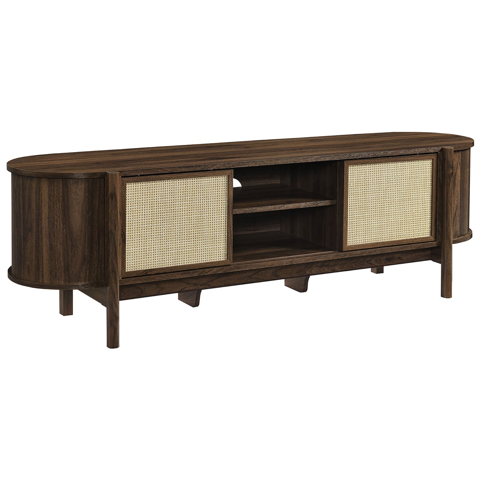 Mid-century walnut TV stand with oval silhouette and rattan sliding doors for concealed media storage || EEI-7165-WAL || front_angle_studio