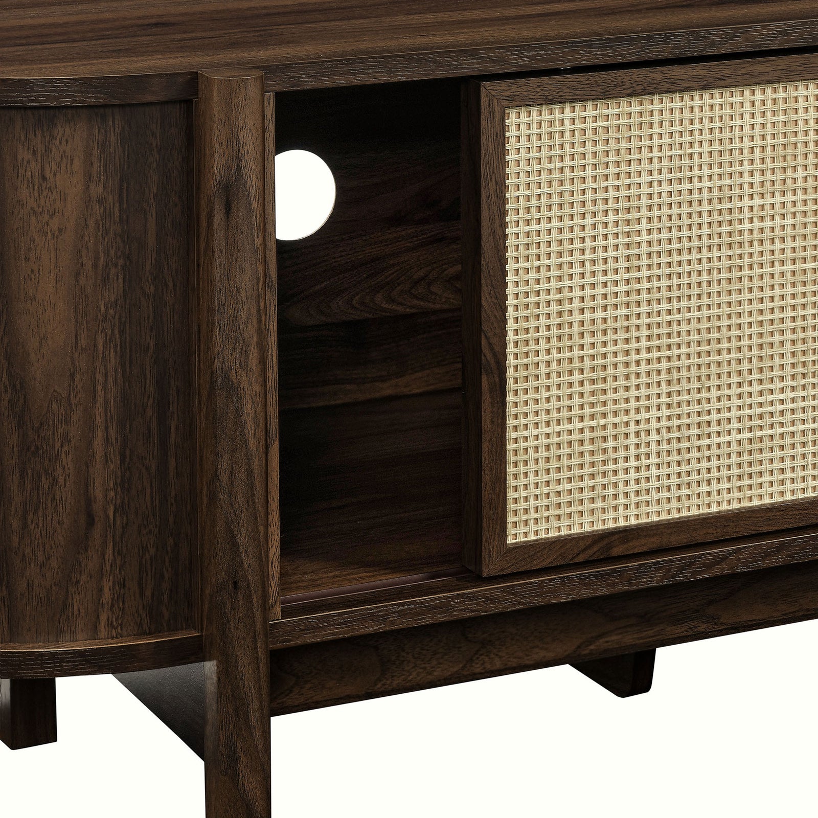 TV stand storage compartment with cable management cutout and warm walnut finish || EEI-7165-WAL || storage_open_studio