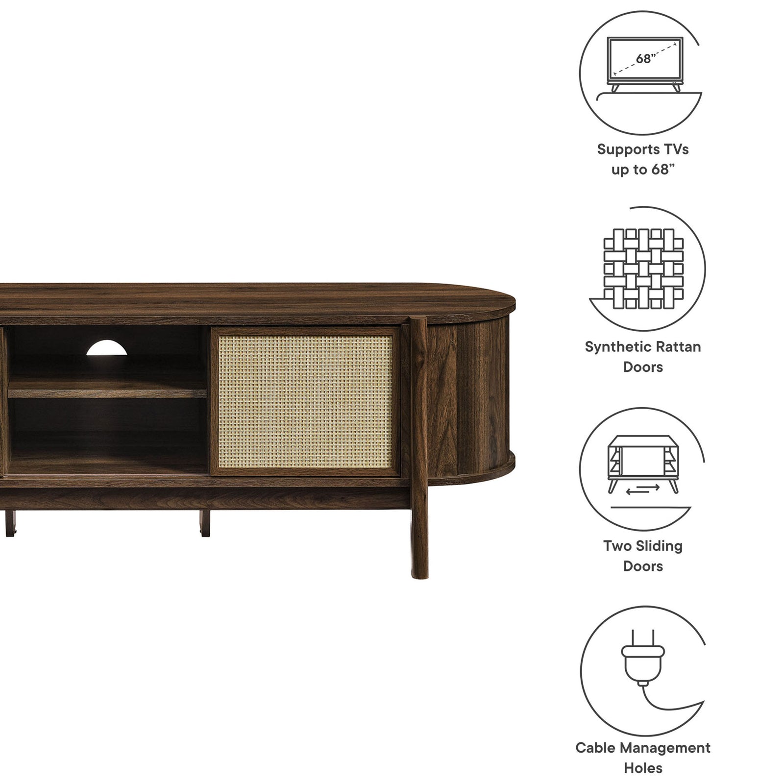 Reid TV stand feature icons showing TV capacity, rattan doors, sliding panels, and cable management || EEI-7165-WAL || callout_studio