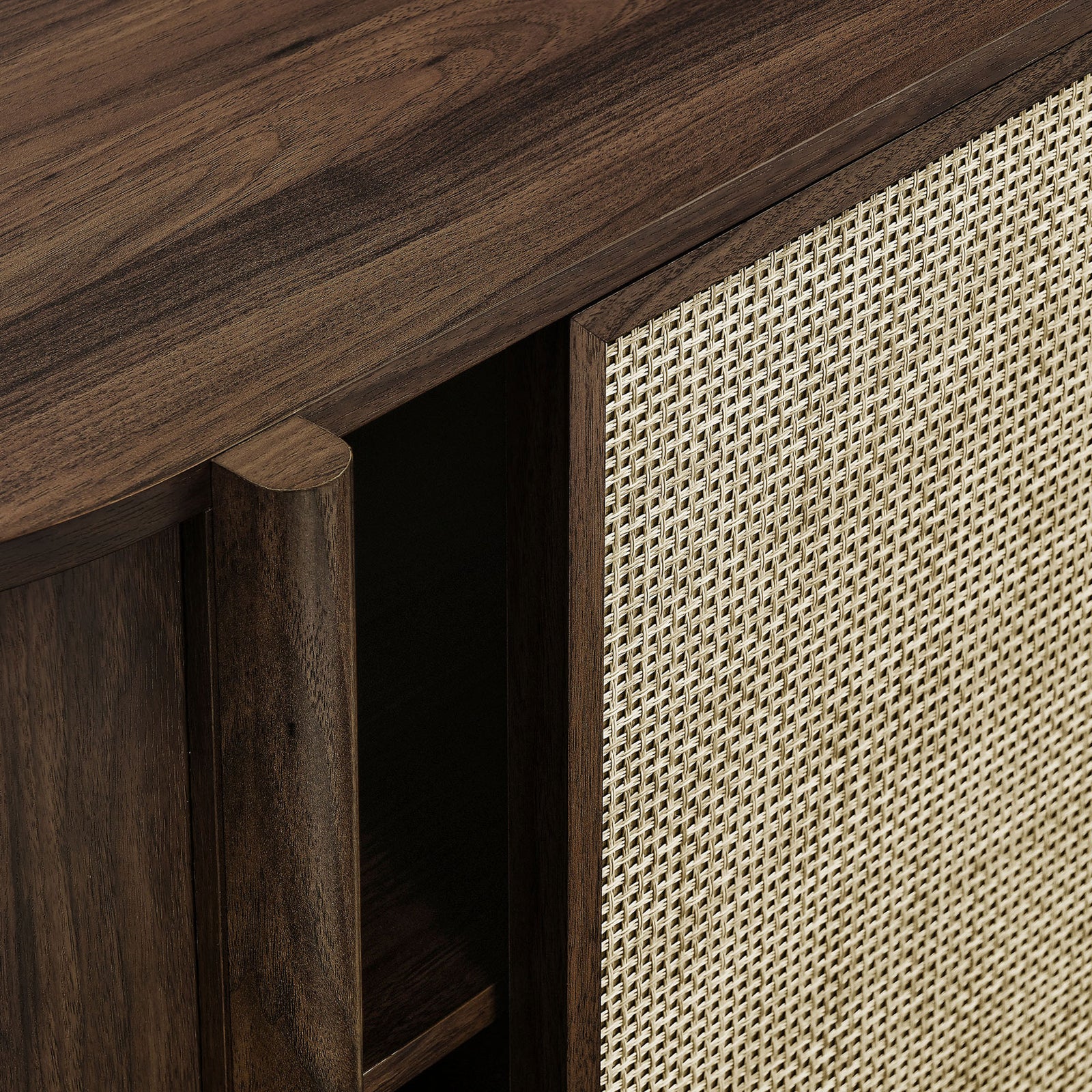 Detail of the walnut woodgrain top and woven rattan door texture for a warm organic look || EEI-7166-WAL || swatch_studio