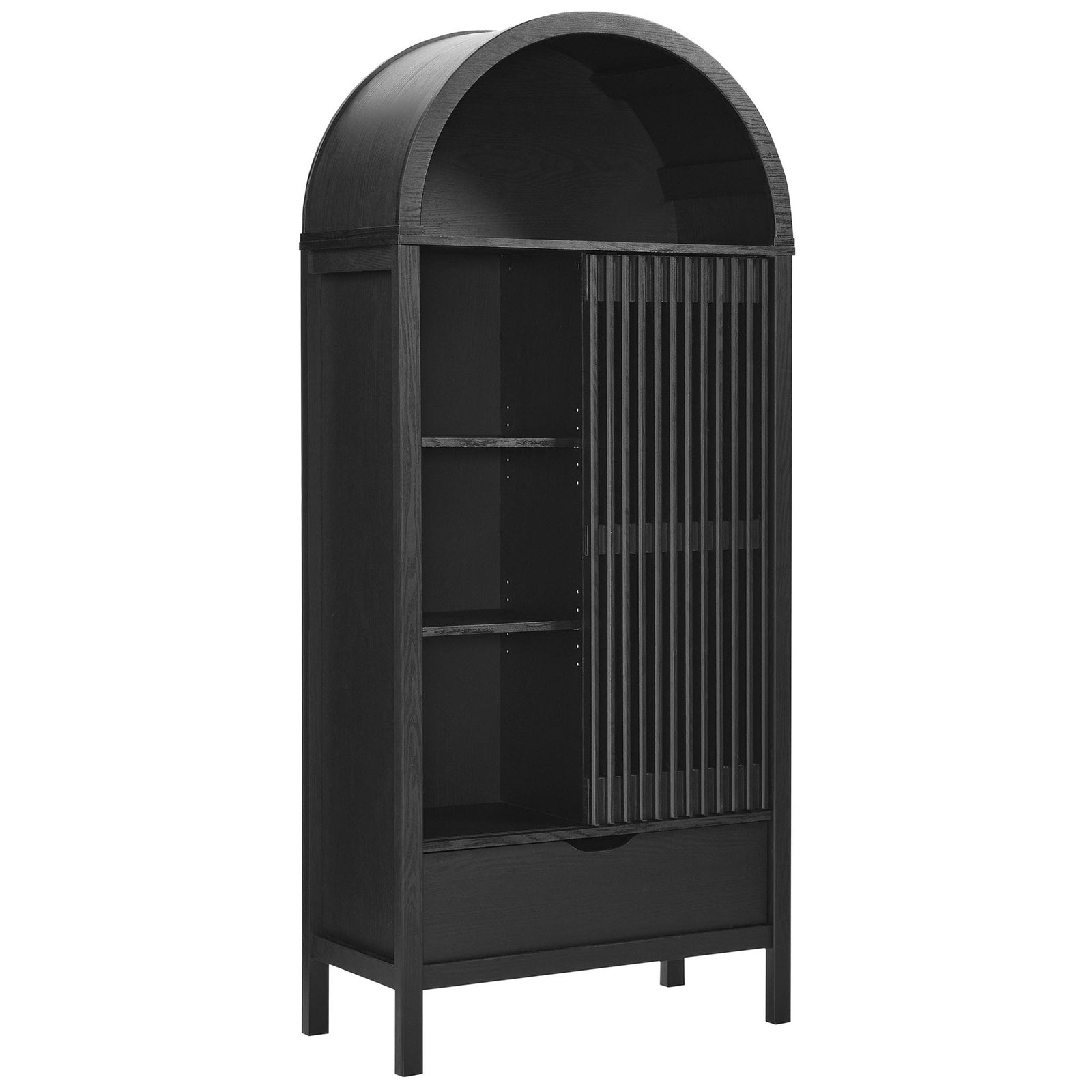 Black arched display cabinet with slatted sliding door, adjustable shelves, and a spacious lower drawer. || EEI-7167-BLK || front_angle_open_studio
