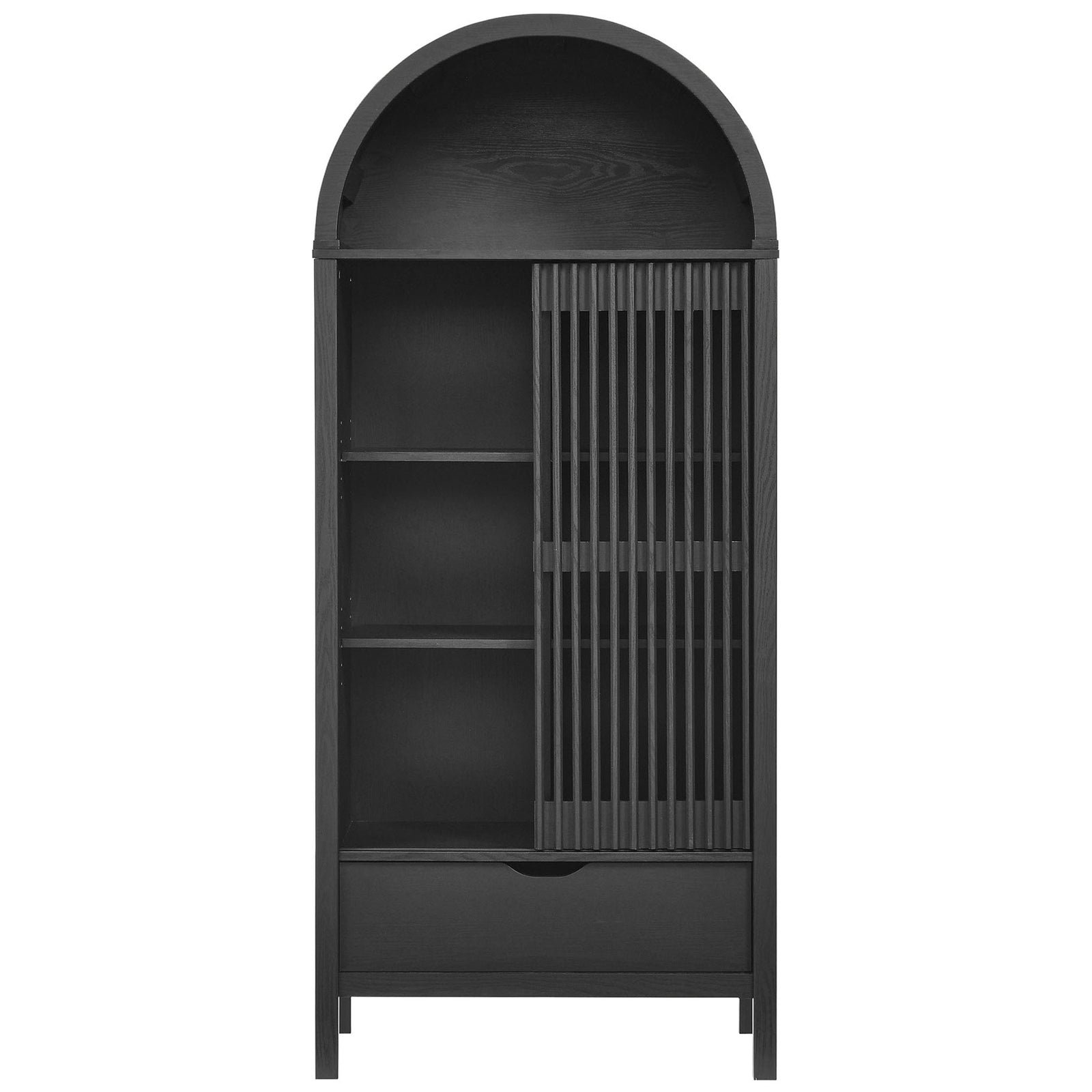 Black arched storage cabinet with sliding door open to reveal adjustable display shelves. || EEI-7167-BLK || front_open_studio