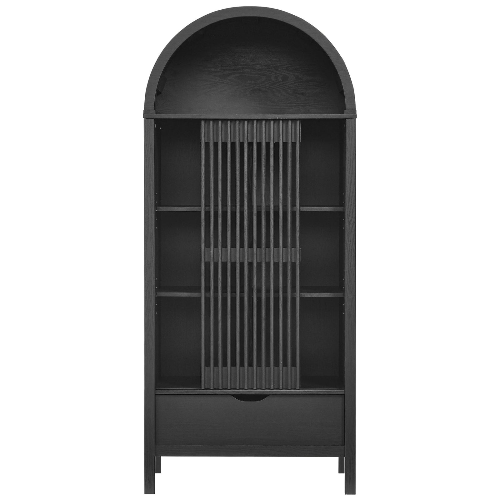 Black arched display cabinet with a center slatted sliding door and concealed storage. || EEI-7167-BLK || front_studio