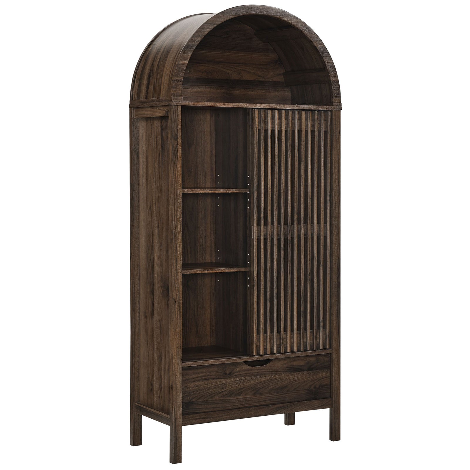 Walnut arched display cabinet with slatted sliding door, adjustable shelves, and a spacious lower drawer. || EEI-7167-WAL || front_angle_open_studio