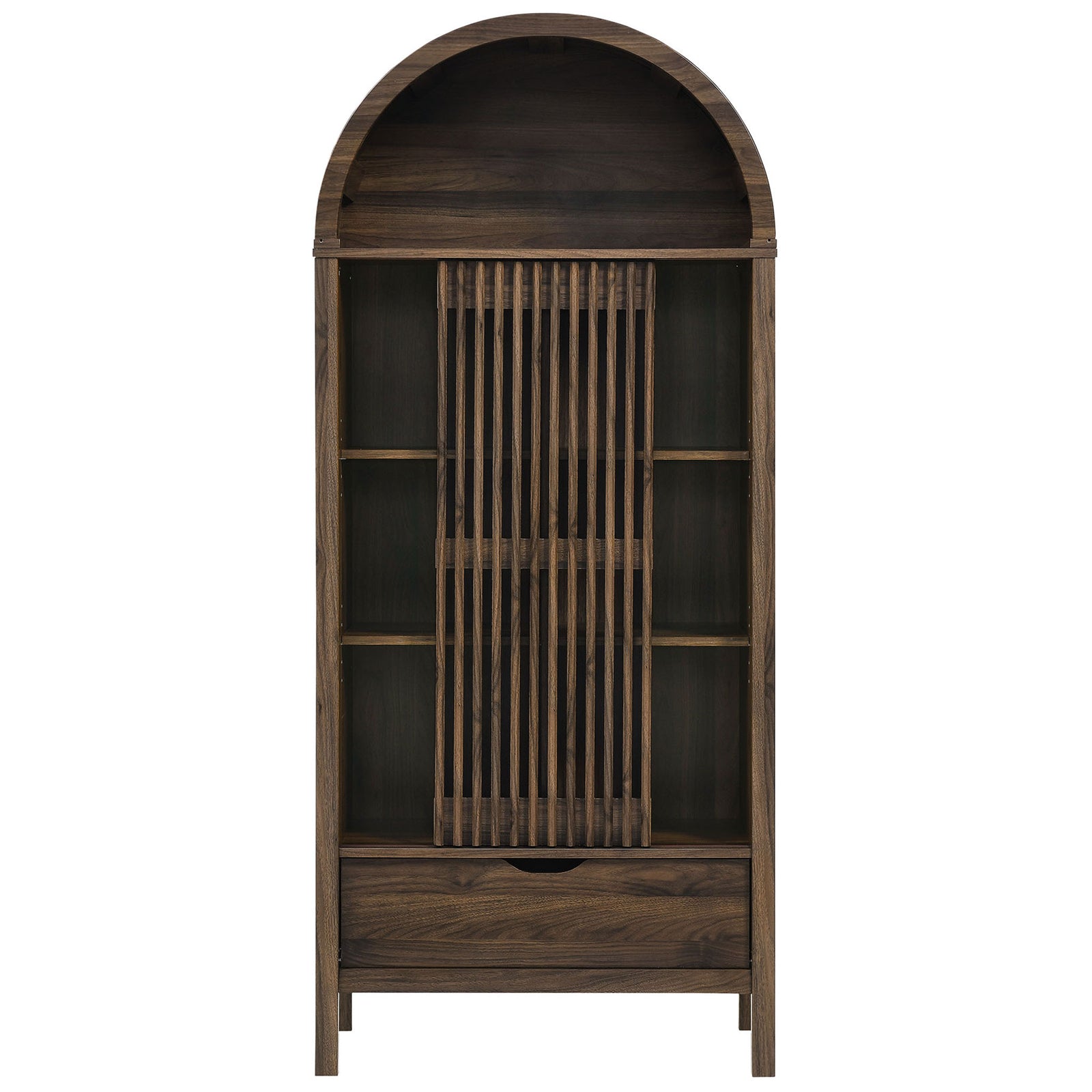 Walnut arched display cabinet with a center slatted sliding door and concealed storage. || EEI-7167-WAL || front_studio
