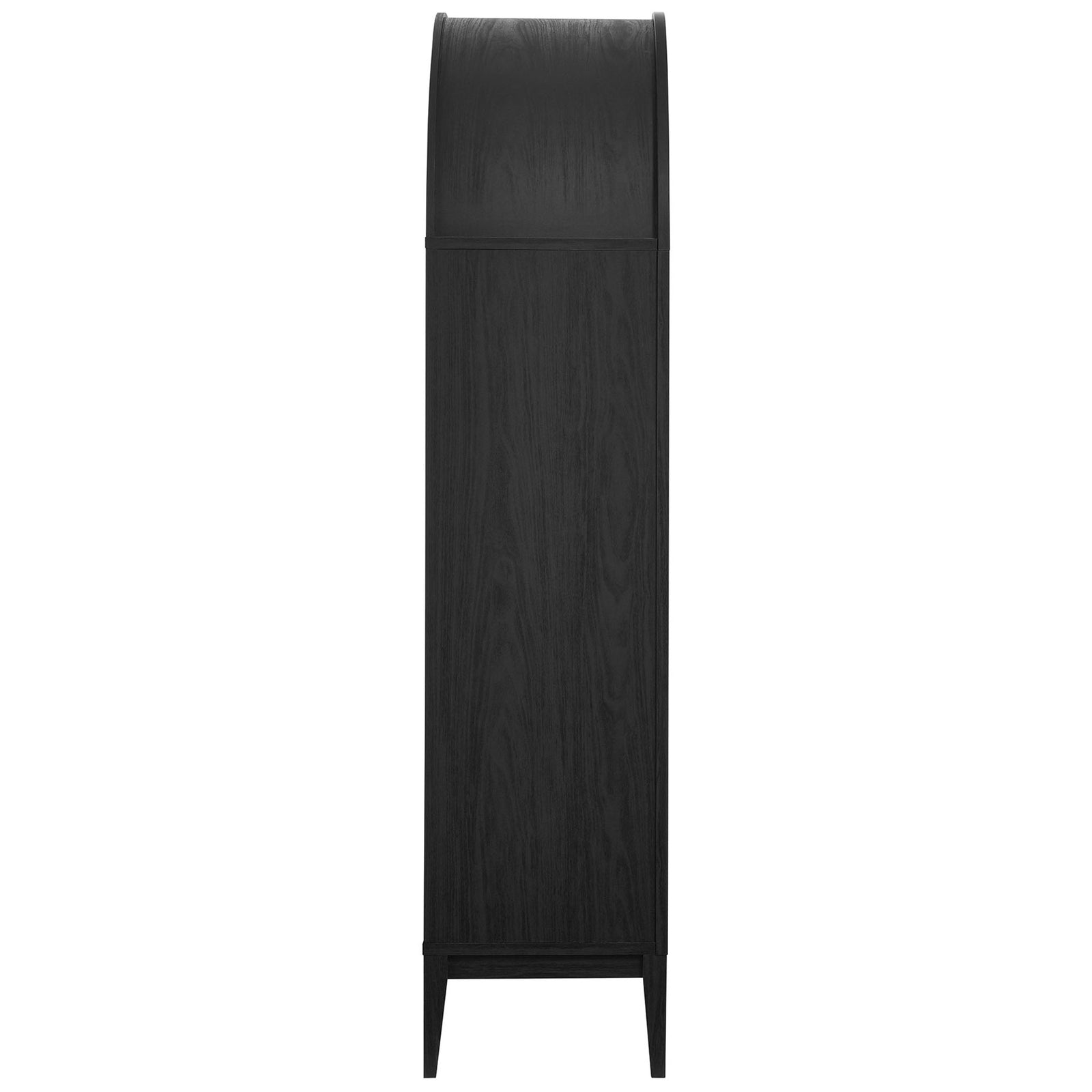 Slim edge profile of the wide black oak Nolan cabinet with arched top and tapered legs || EEI-7168-BLK-OAK || side_studio