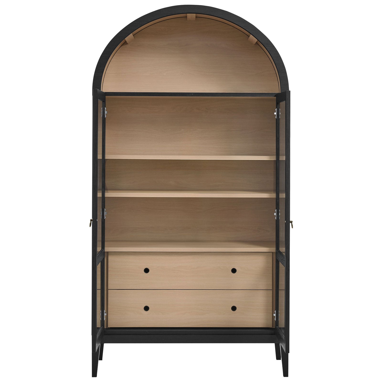 Wide black oak cabinet with doors open, revealing generous shelving and full depth drawers || EEI-7168-BLK-OAK || front_open_studio