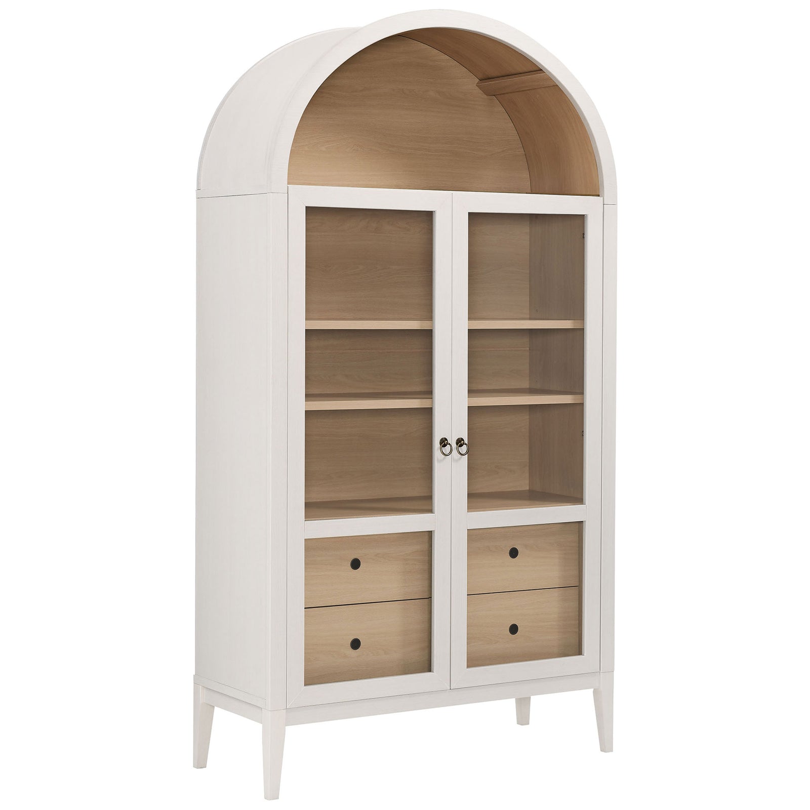 Tall ivory oak arch cabinet with warm wood interior perfect for showcasing treasured pieces || EEI-7168-IVO-OAK || front_angle_studio
