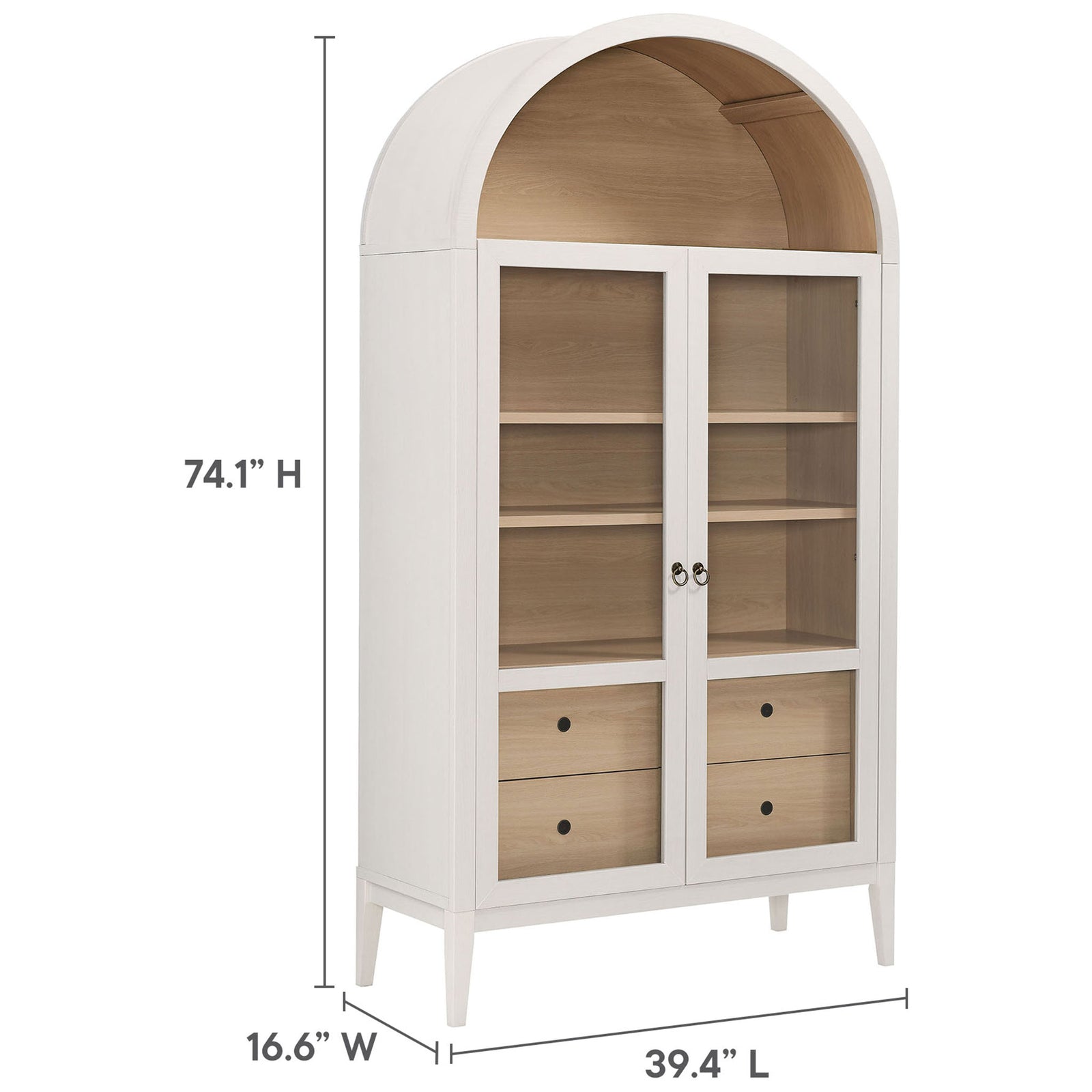 Ivory oak display cabinet measuring about 74 inches tall and 39 inches wide for spacious storage || EEI-7168-IVO-OAK || dimension_studio