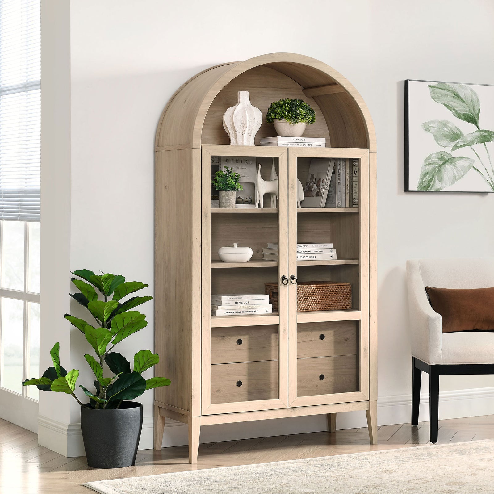 Light oak arched cabinet styled with sculptural decor in a modern living room corner || EEI-7168-LOA || front_angle_room