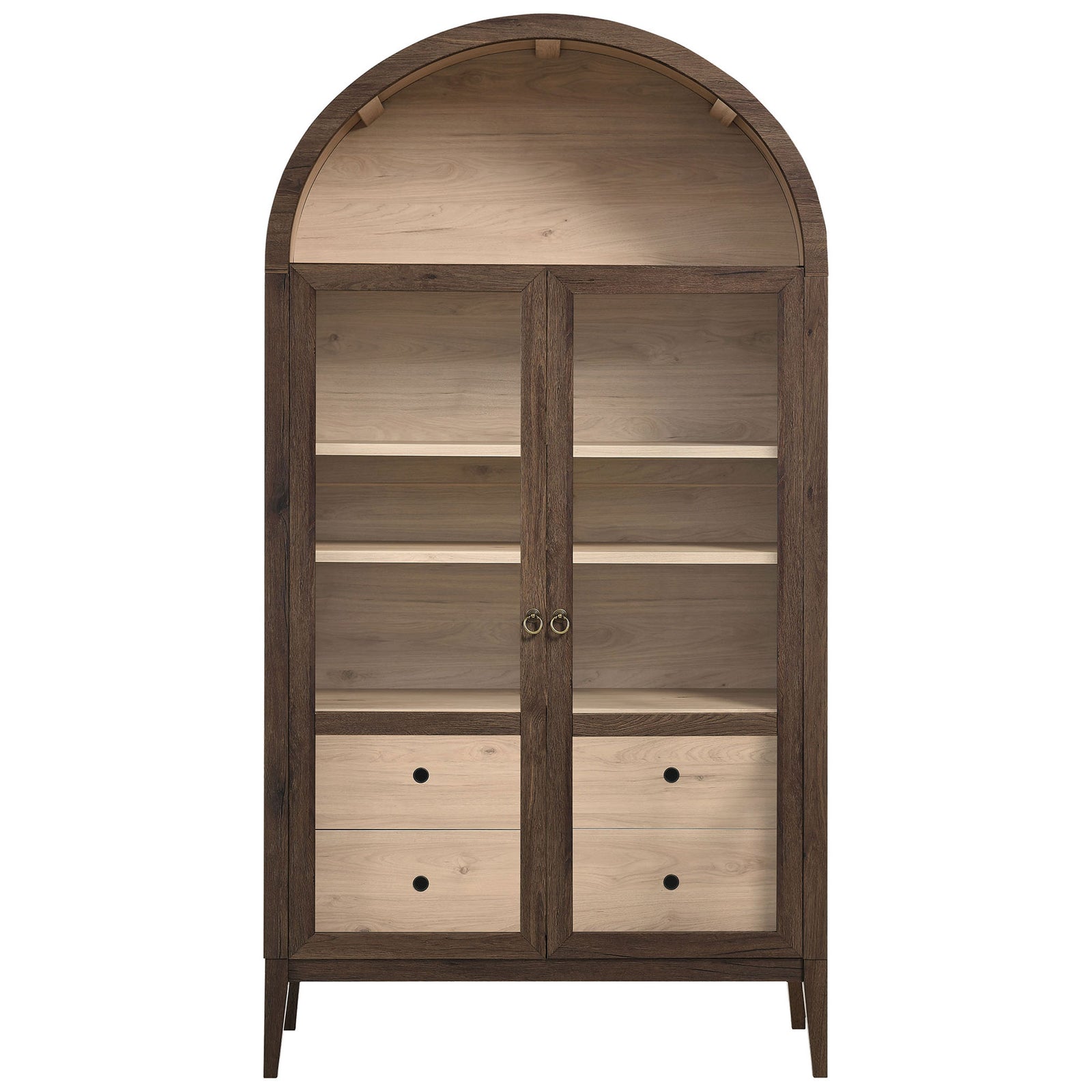 Wide walnut and light oak arched display cabinet with glass doors and two roomy drawers || EEI-7168-WAL-LOA || front_studio