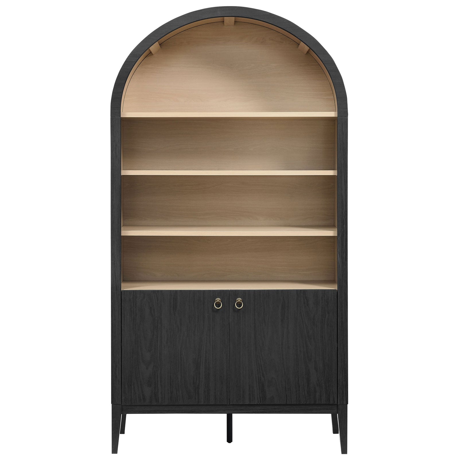 Tall arched display cabinet with open shelves and two-door storage in black oak || EEI-7169-BLK-OAK || front_studio