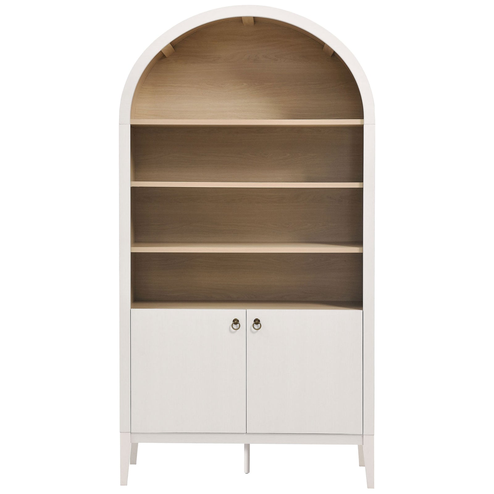 Modern arched bookcase with wood-grain shelves and double-door storage in ivory oak || EEI-7169-IVO-OAK || front_studio