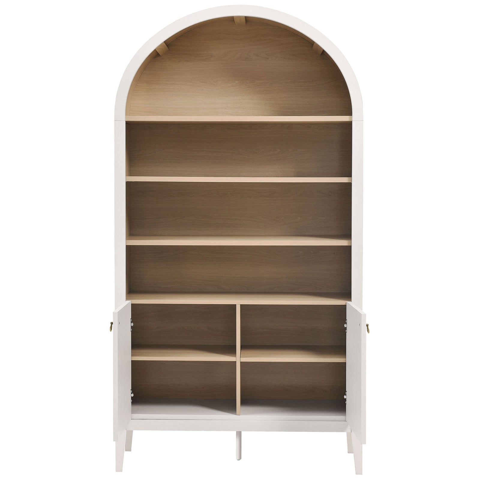 Open cabinet reveals adjustable shelves and four lower compartments || EEI-7169-IVO-OAK || front_open_studio