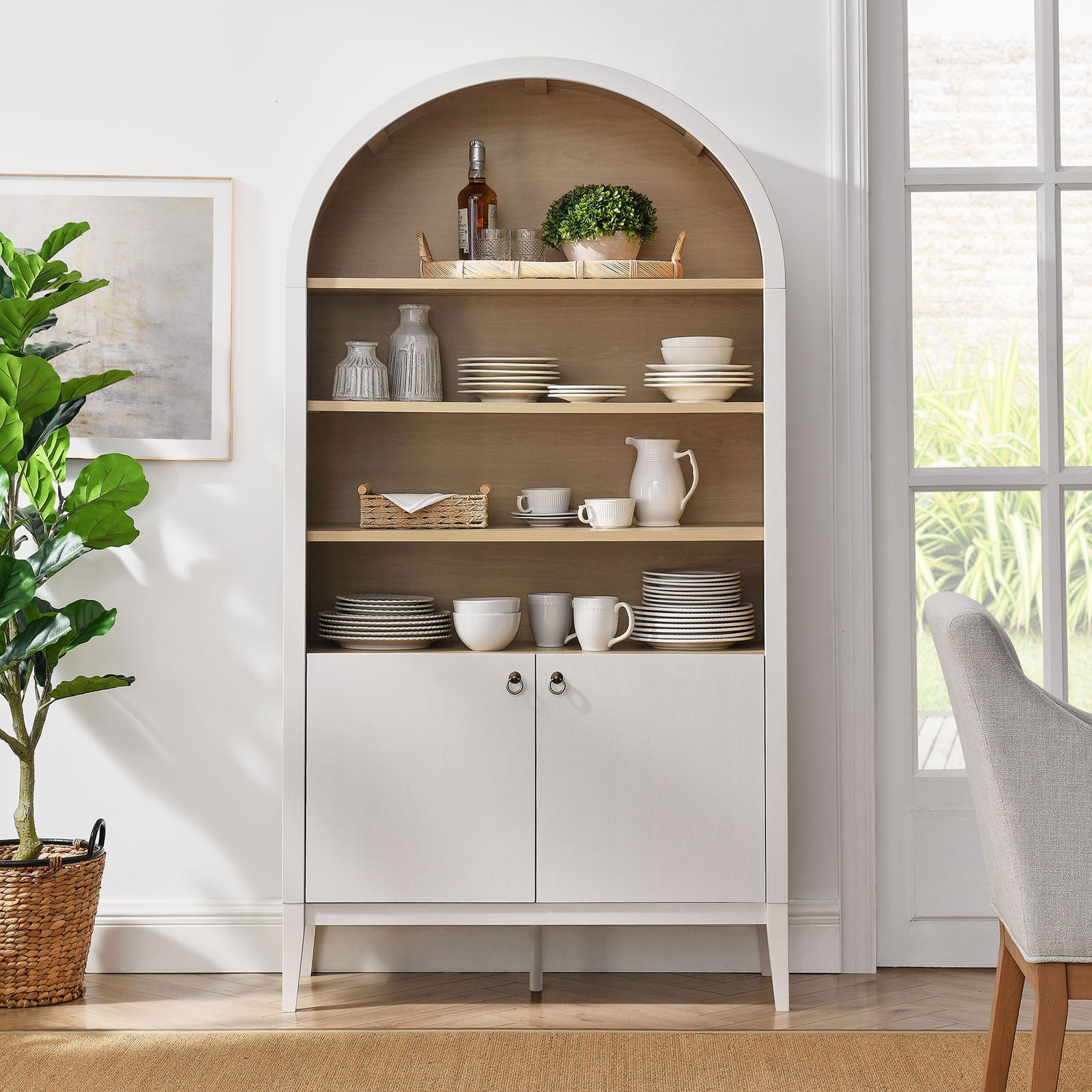 Versatile shelving and concealed base organize dinnerware and decor in an airy, modern style || EEI-7169-IVO-OAK || front_room
