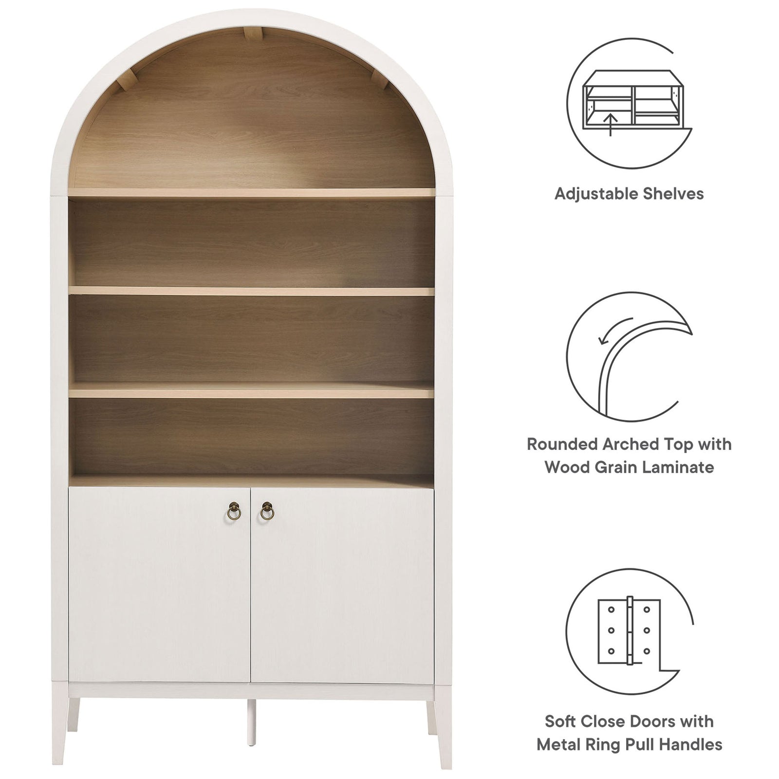 Arched cabinet with adjustable shelves and metal ring pull doors || EEI-7169-IVO-OAK || callout_studio