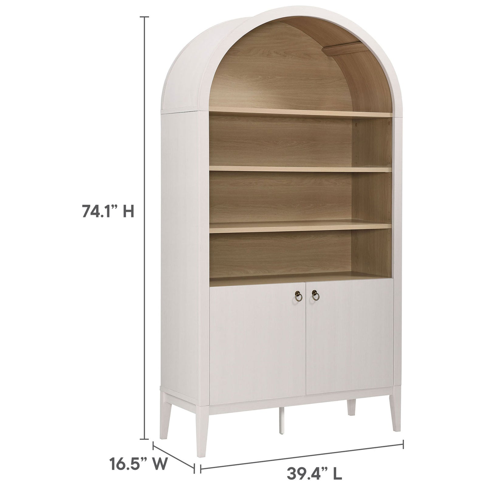Tall arched cabinet with dimensions labeled for height, width, and depth || EEI-7169-IVO-OAK || dimension_studio