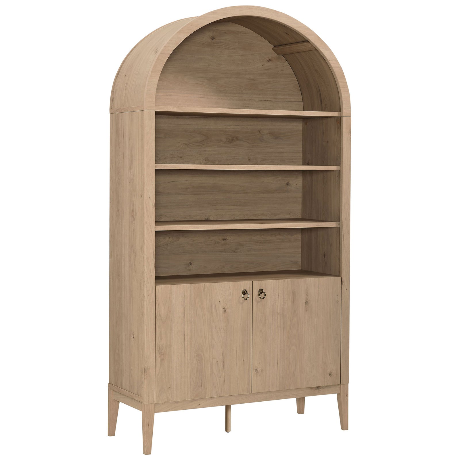 Arched display cabinet in light oak with tapered legs and brushed gold ring pulls || EEI-7169-LOA || front_angle_studio