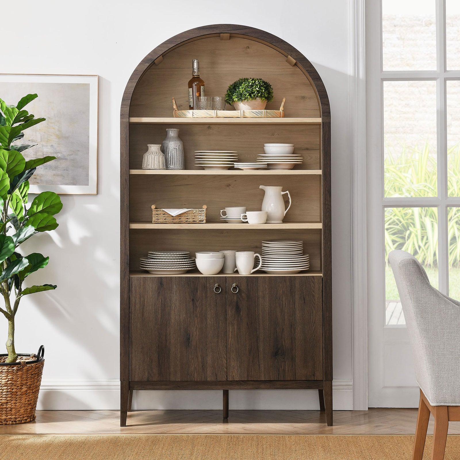 Showcase dinnerware and decor on spacious shelves with a clean, arched silhouette || EEI-7169-WAL-LOA || front_room