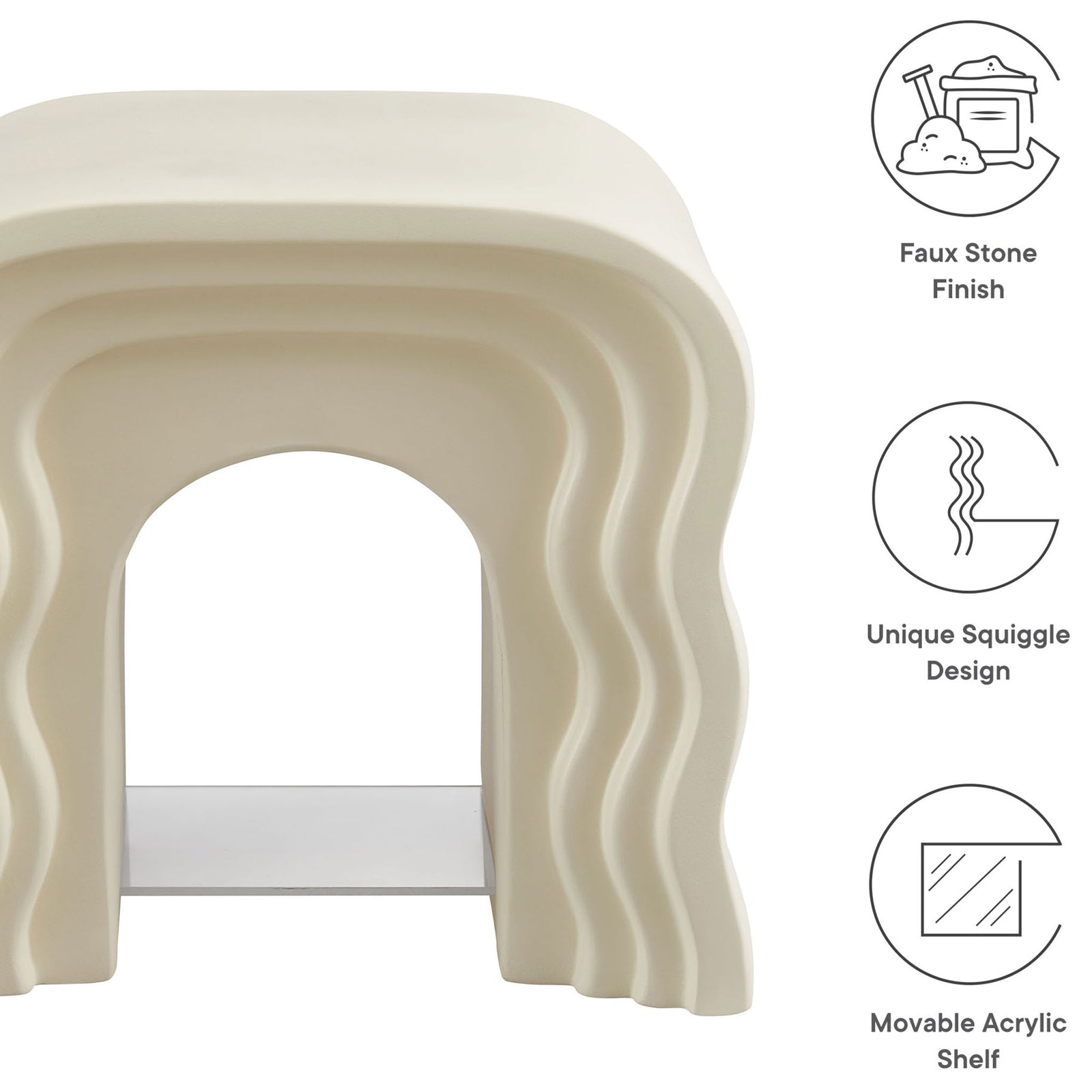 Ivory squiggle side table alongside icons calling out faux stone finish and movable acrylic shelf || EEI-7171-IVO || callout_studio