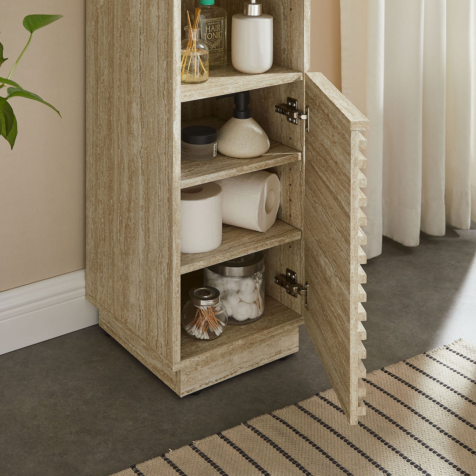 Bottom cabinet opens to reveal adjustable shelves that neatly store bath essentials and supplies || EEI-7178-TRA || storage_open_room