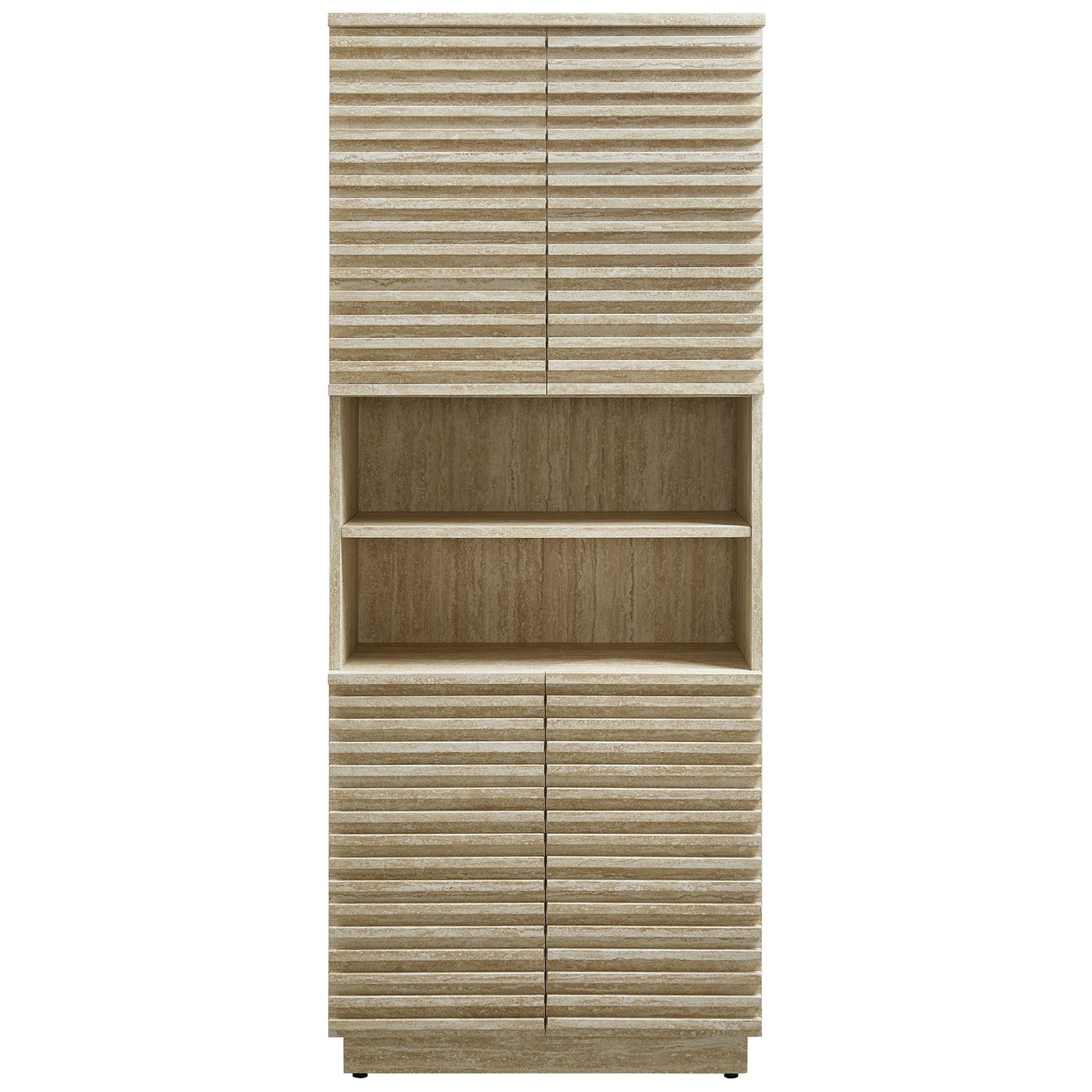 Tall faux travertine linen cabinet with slatted doors and central open shelves || EEI-7179-TRA || front_studio