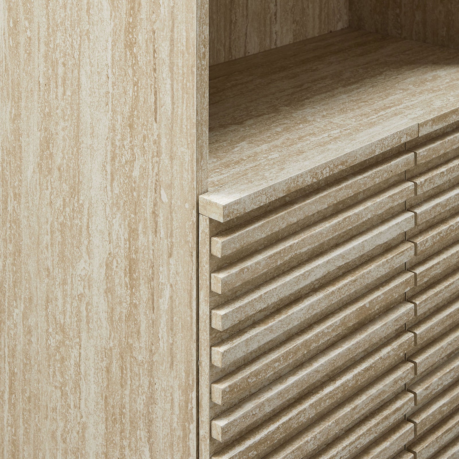 Textured slatted door fronts and durable faux travertine finish || EEI-7179-TRA || detail_studio