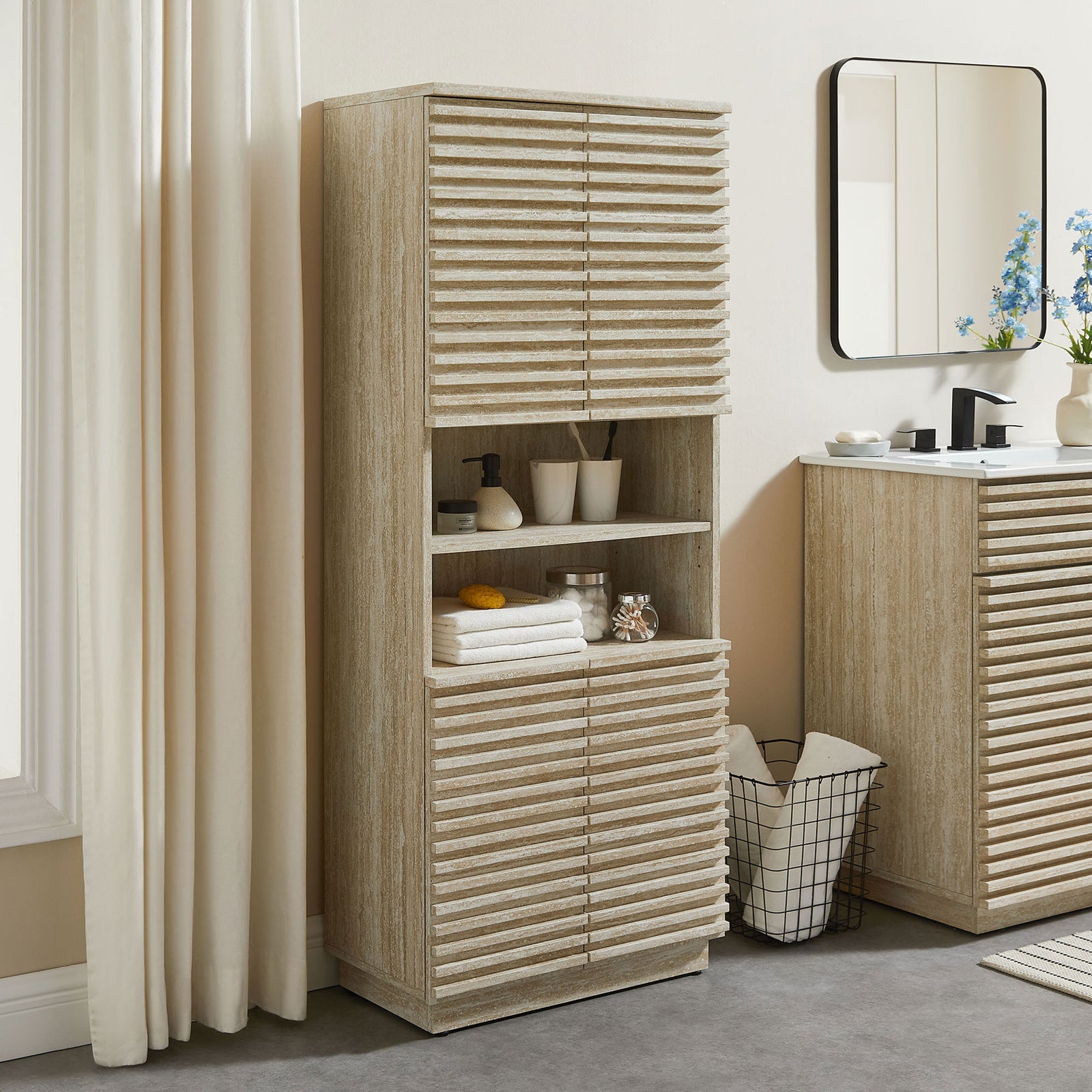 Versatile storage cabinet for dining or kitchen spaces with slatted doors and open shelf || EEI-7179-TRA || front_angle_room