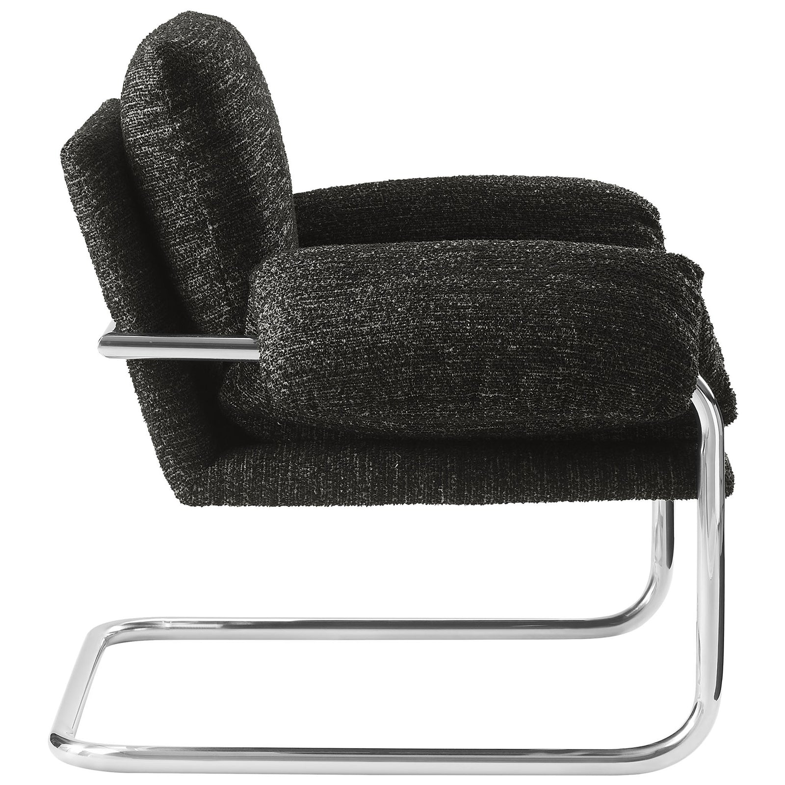 Sleek cantilever silhouette showcases the plush arm wrap and supportive seat in textured charcoal boucle || EEI-7180-CHA || side_studio