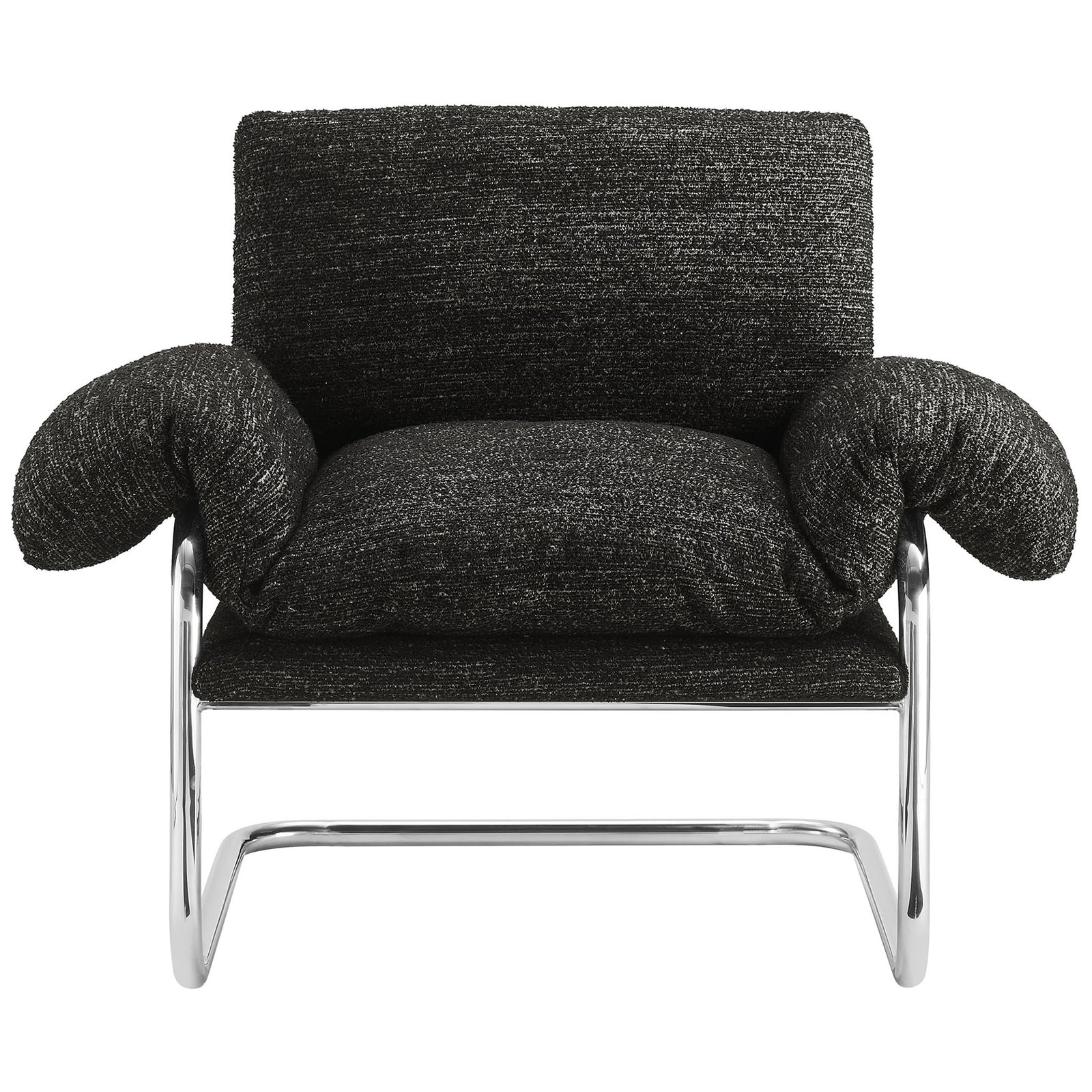 Charcoal boucle accent chair with plush draped cushion and polished stainless steel cantilever base || EEI-7180-CHA || front_studio