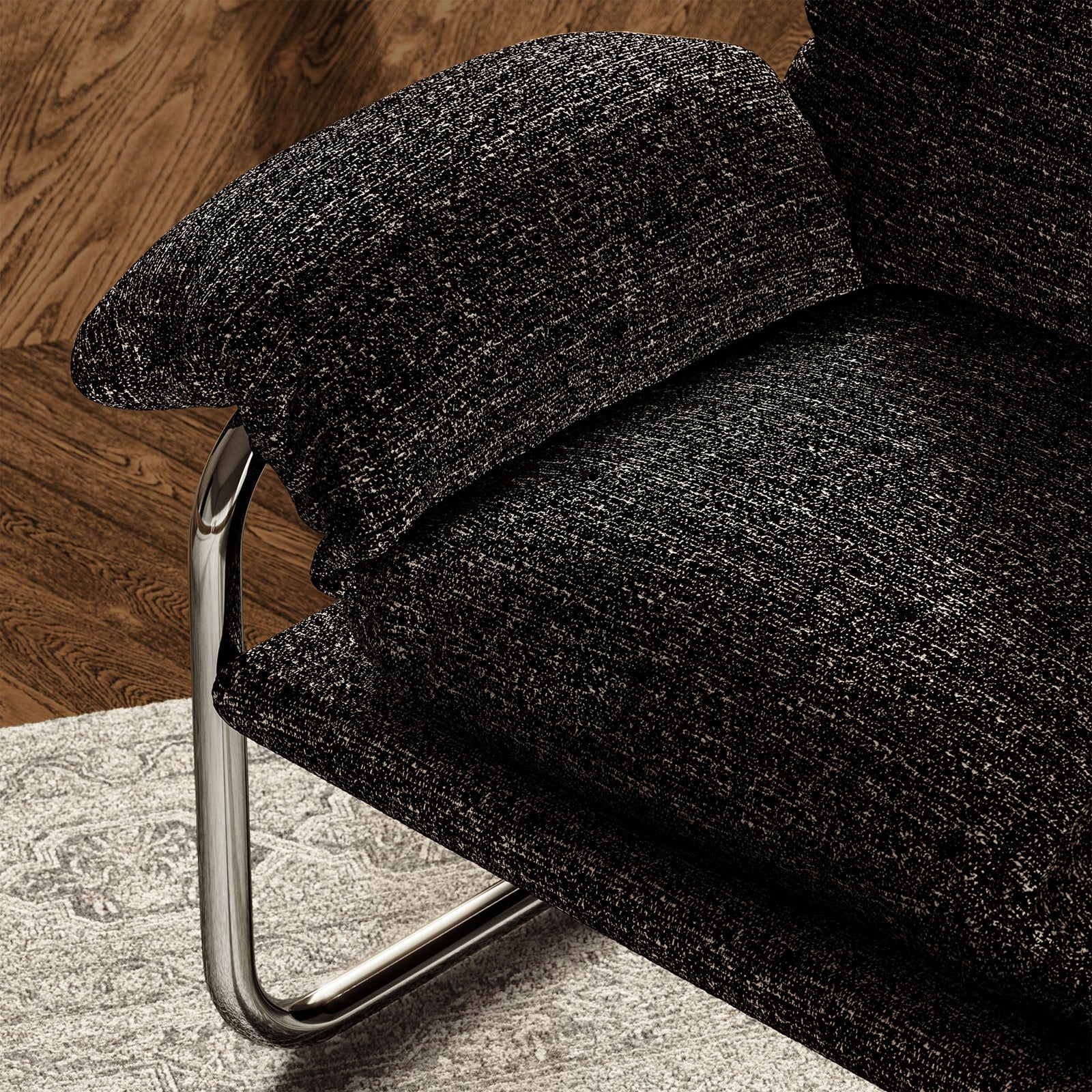 Plush charcoal boucle pairs with polished steel for a cozy, refined accent in your living space || EEI-7180-CHA || detail_room