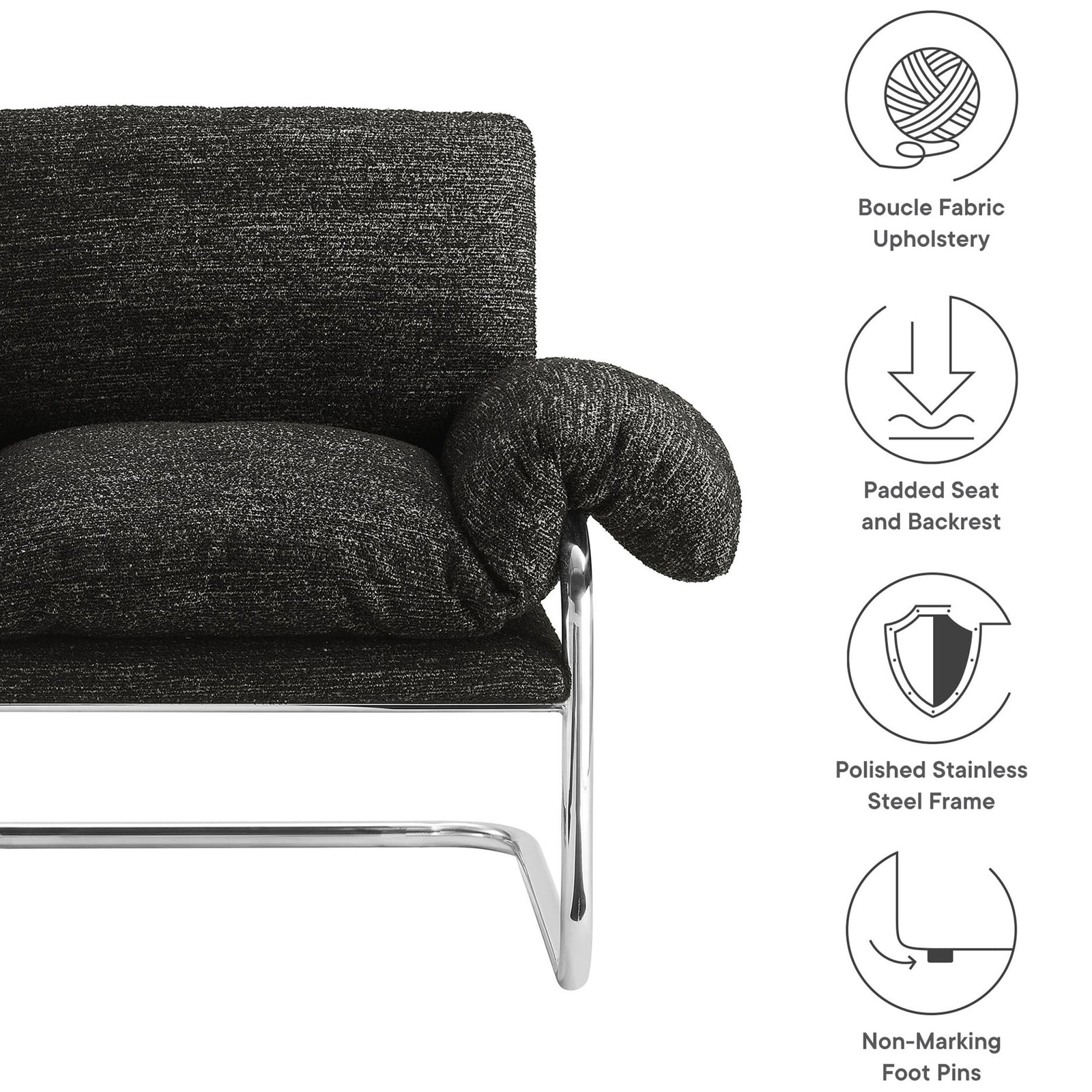Key features include boucle upholstery, padded seat and back, polished steel frame, and non-marking feet || EEI-7180-CHA || callout_studio