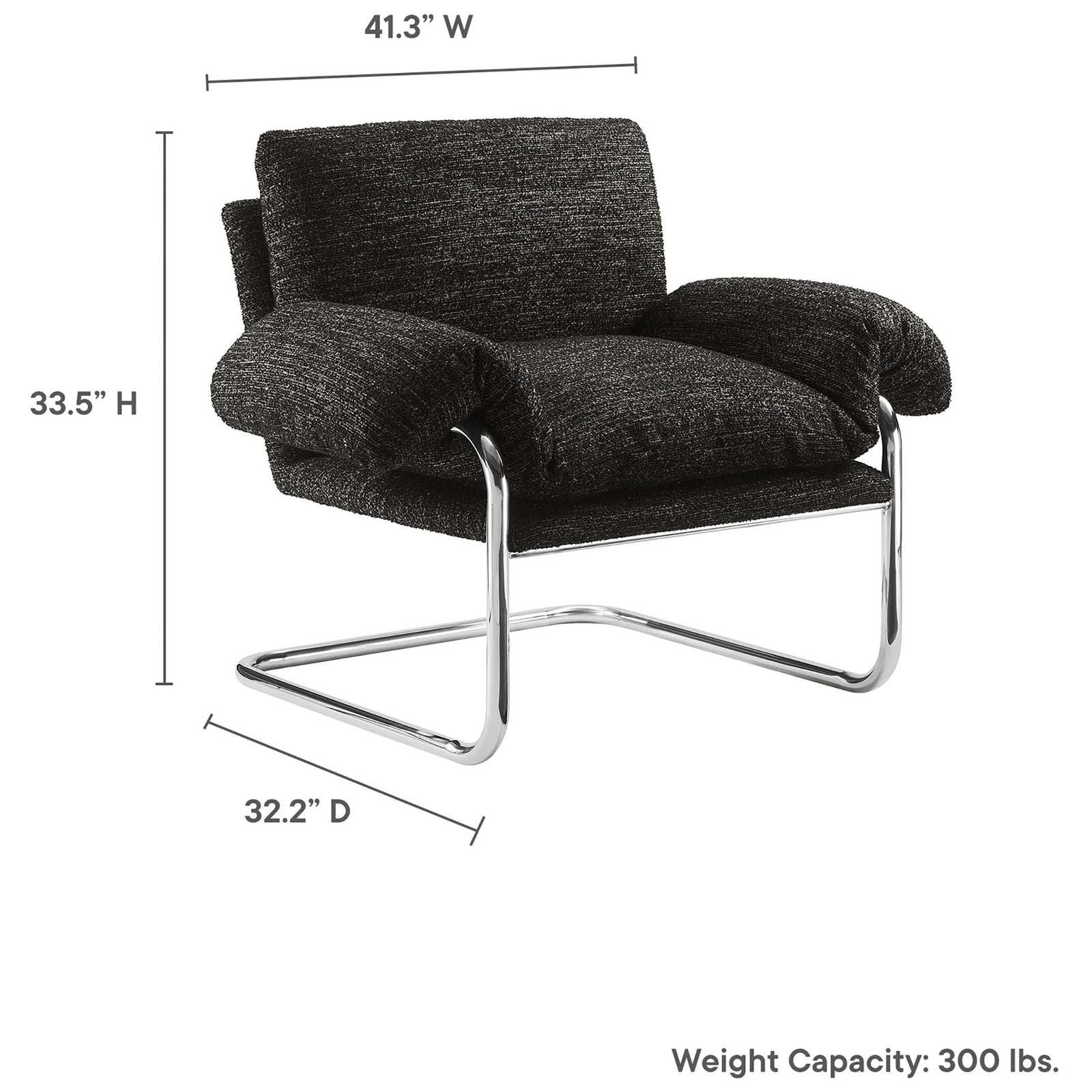 Dimensions shown for the Ansel accent chair with 300 lb weight capacity || EEI-7180-CHA || dimension_studio