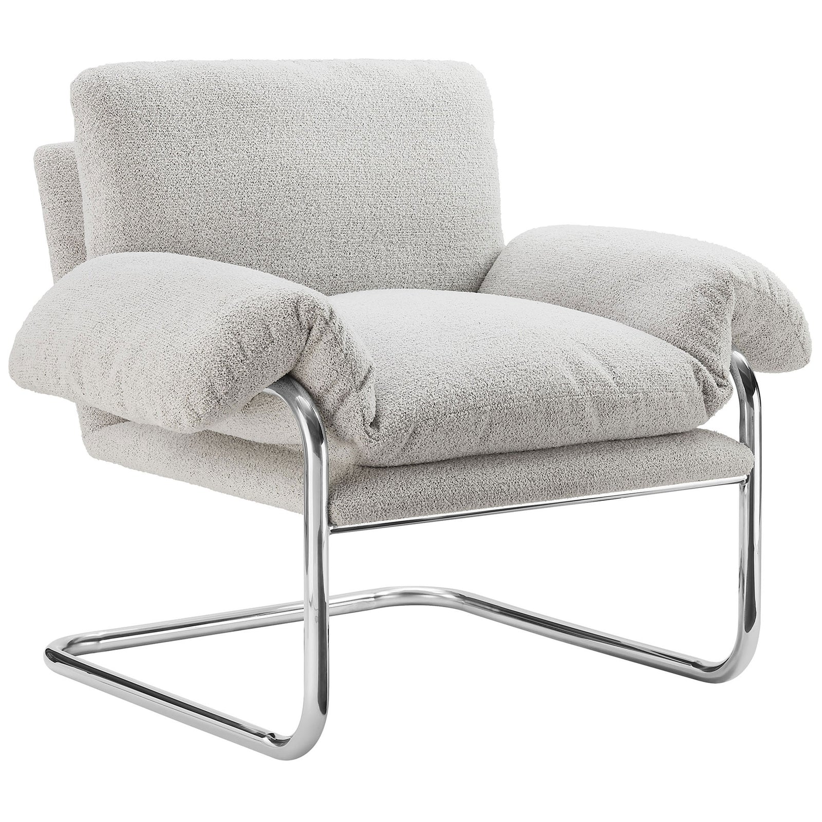 Modern accent chair blends soft boucle upholstery with a gleaming tubular steel frame. || EEI-7180-NPT || front_angle_studio
