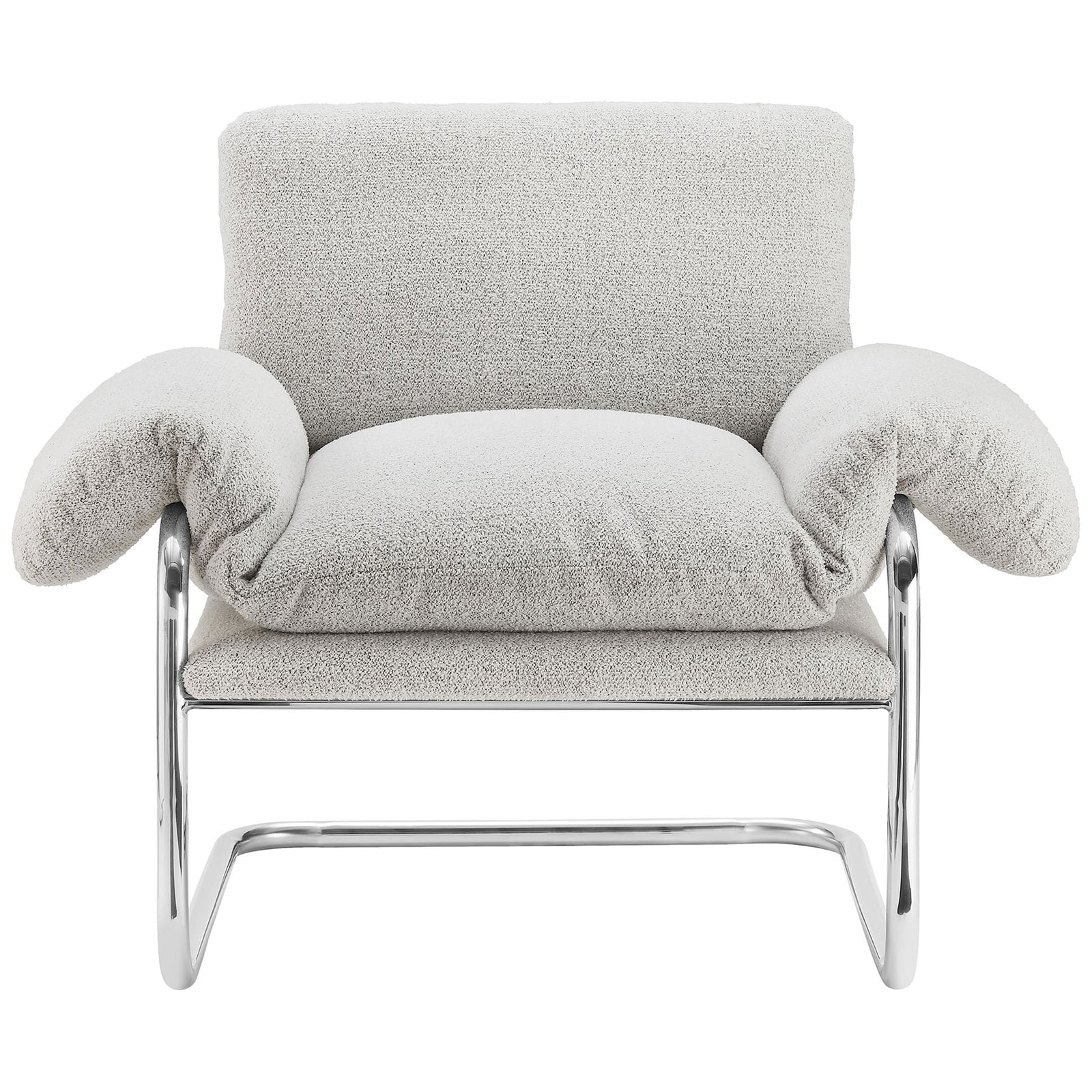 Plush boucle armchair with draped arm cushions and a polished stainless steel cantilever base. || EEI-7180-NPT || front_studio